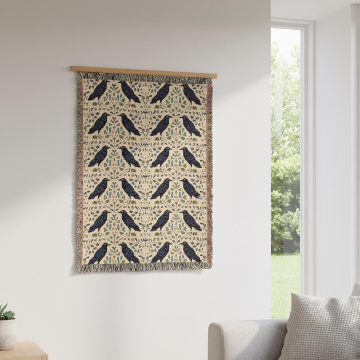 Crow Pattern Woven Blanket – Gothic Botanical Throw