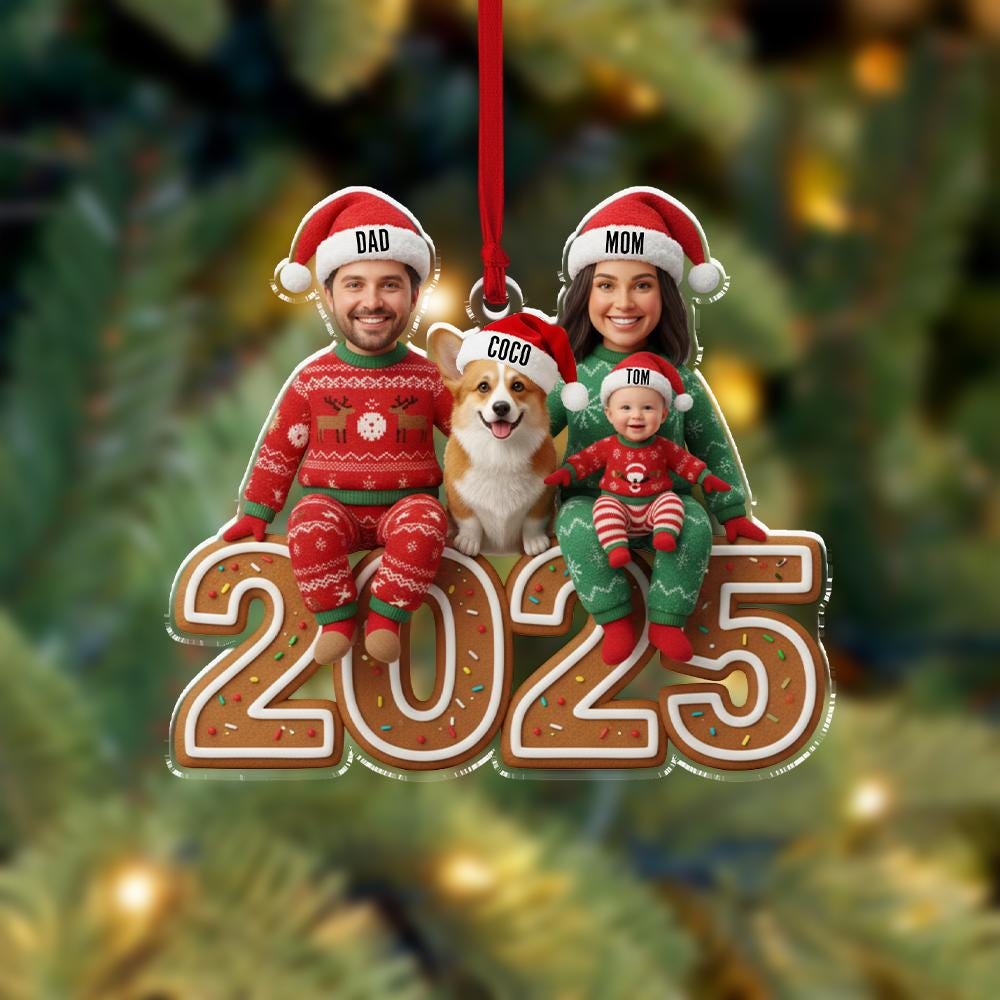 Custom Face Family Ornament 2025 – Personalized Photo Christmas Ornament with Pet