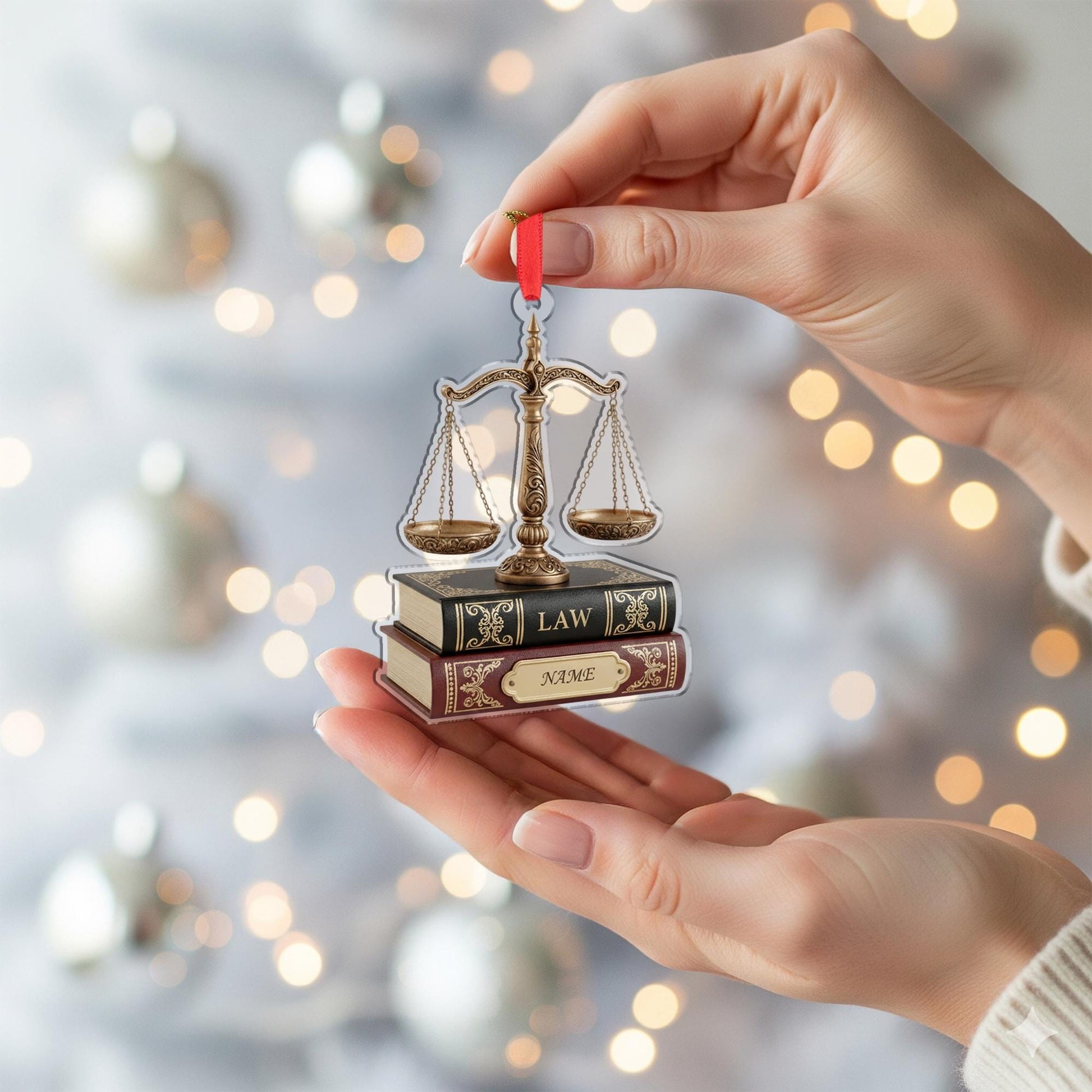 Personalized Law Ornament: Justice Scale on Books, Lawyer Gift