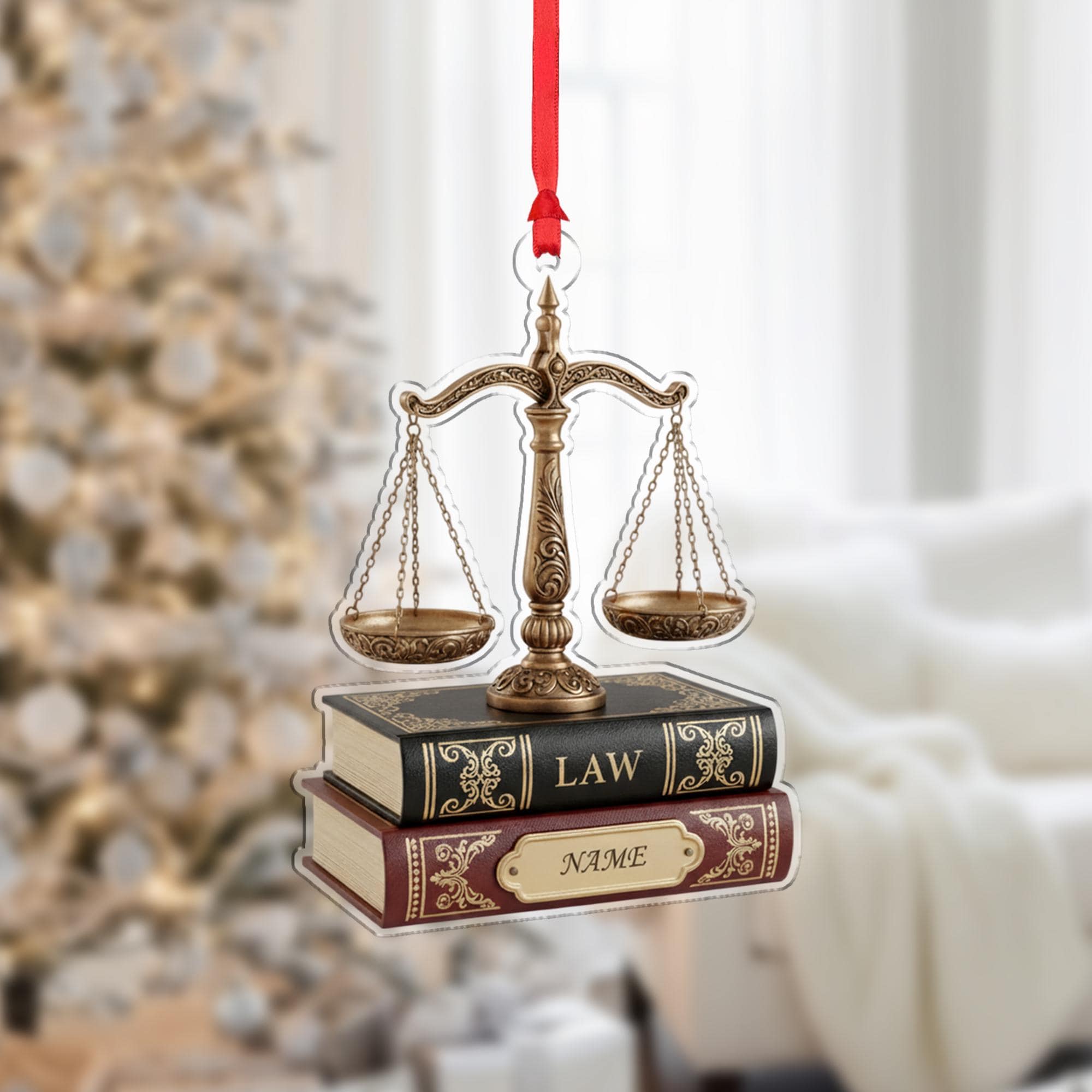 Personalized Law Ornament: Justice Scale on Books, Lawyer Gift