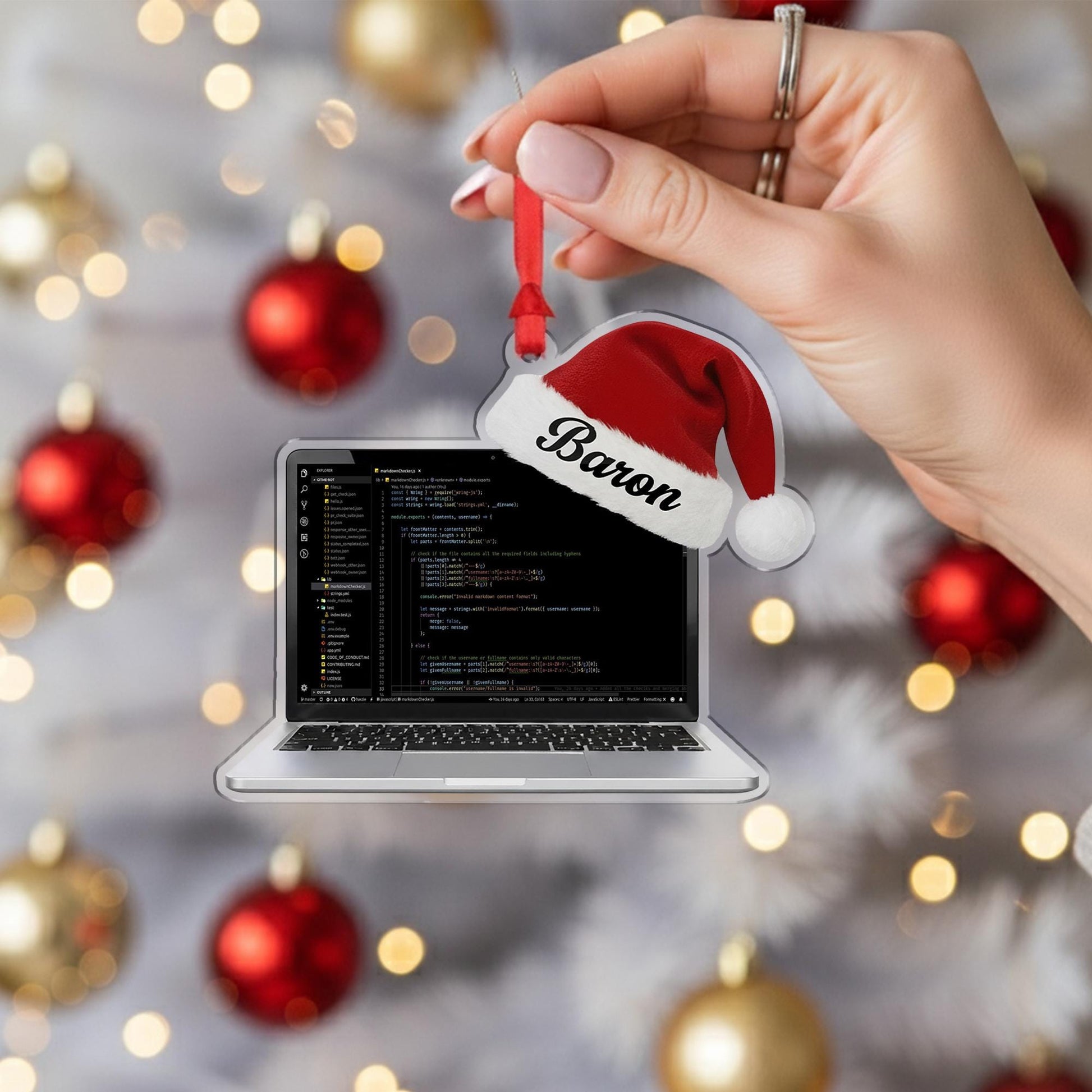 Custom Coder Ornament – Personalized Laptop & Santa Hat Holiday Gift for Programmers