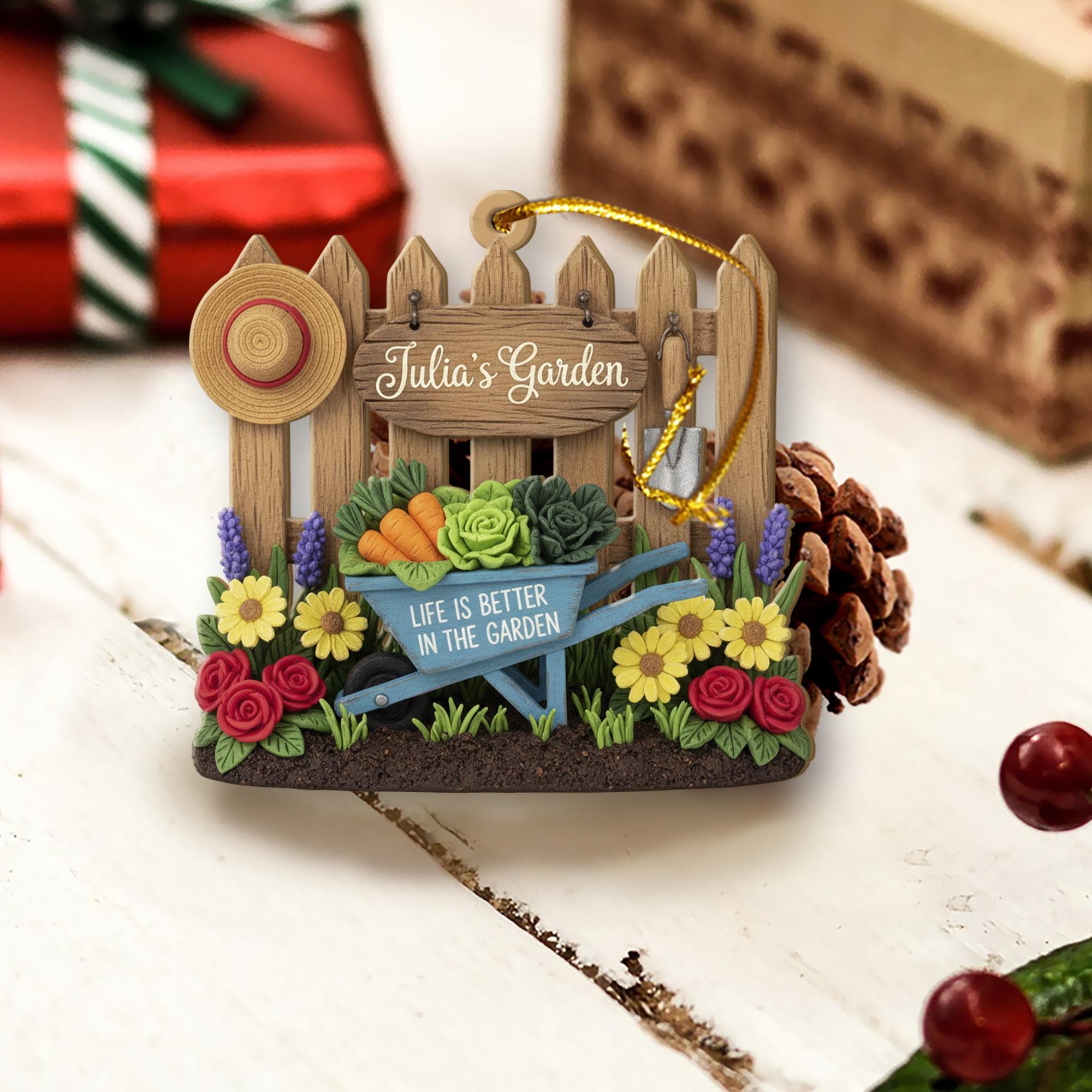 Custom Garden Ornament – Personalized Wheelbarrow Holiday Decor for Nature Lovers