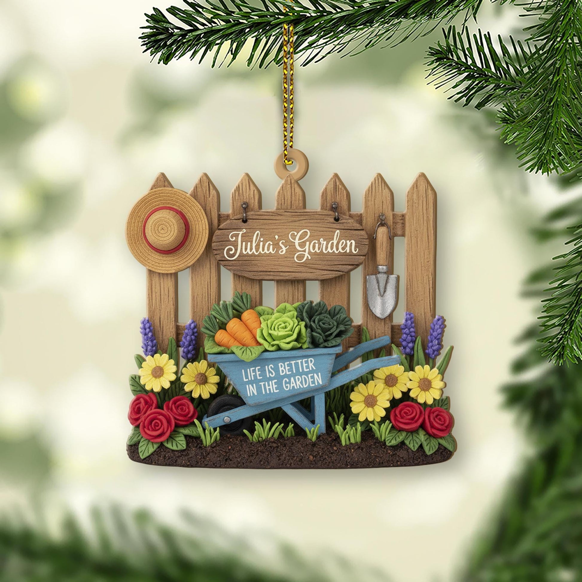 Custom Garden Ornament – Personalized Wheelbarrow Holiday Decor for Nature Lovers