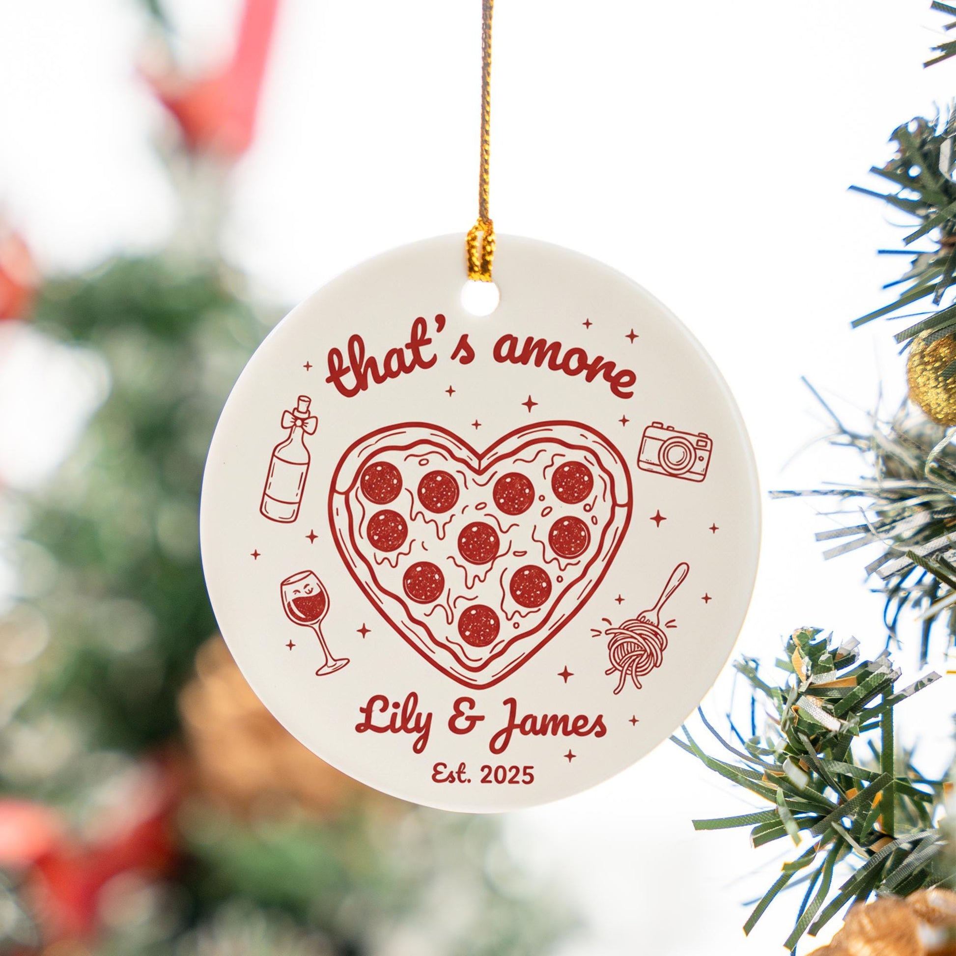 Personalized Ceramic Ornament “That’s Amore” with Pizza Heart & Wine Line Art