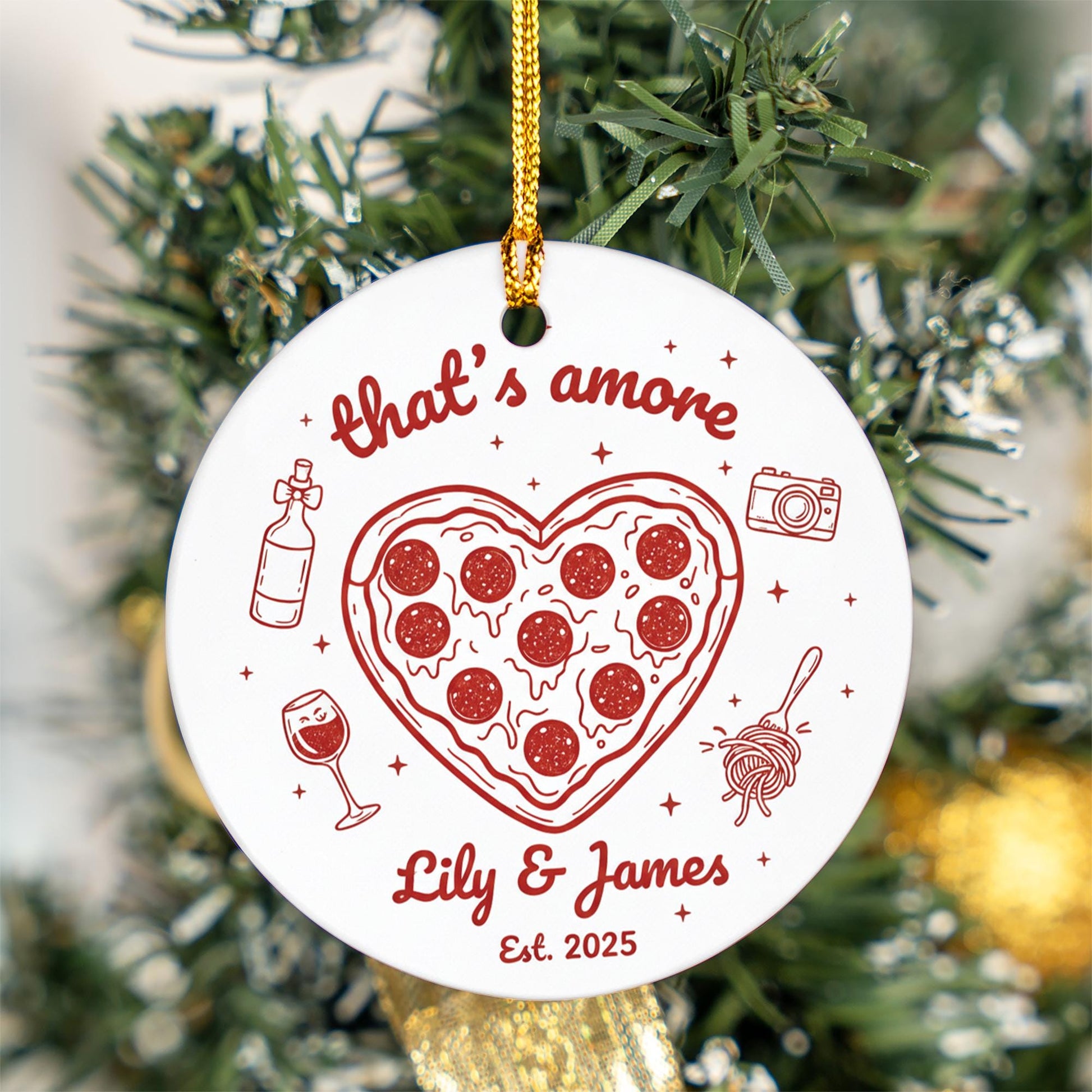 Personalized Ceramic Ornament “That’s Amore” with Pizza Heart & Wine Line Art