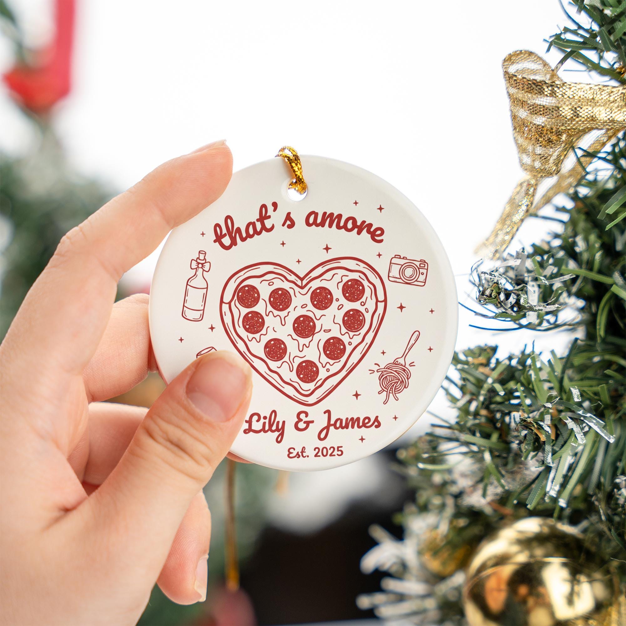 Personalized Ceramic Ornament “That’s Amore” with Pizza Heart & Wine Line Art