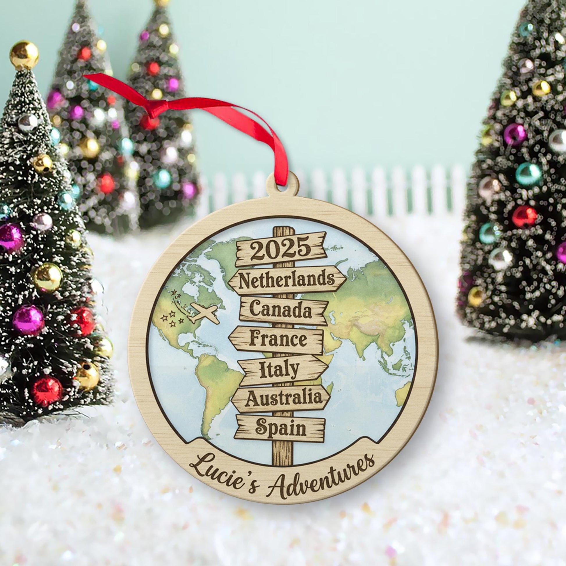 Custom Wood Travel Signpost Ornament | Personalized Map Christmas Decoration 2025