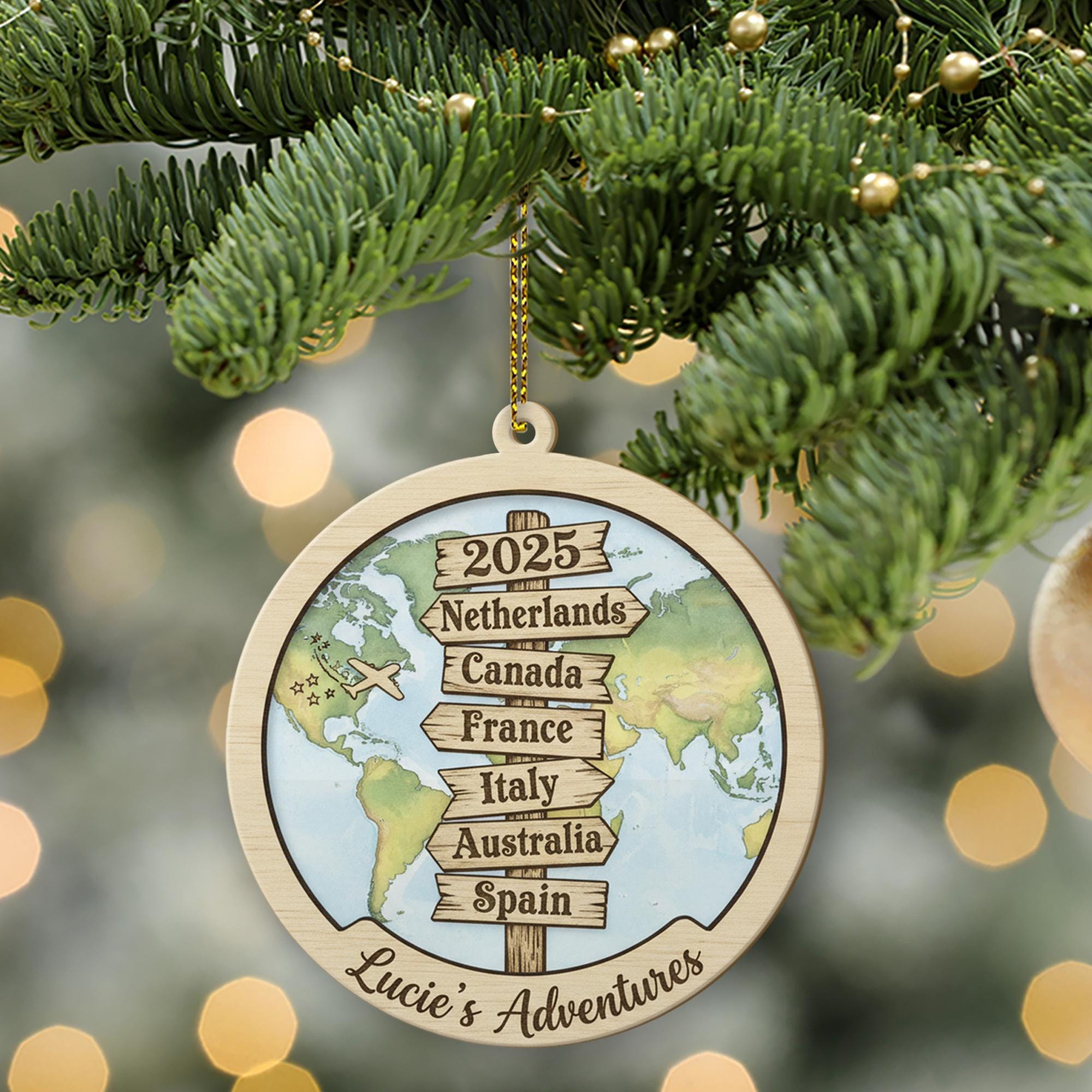 Custom Wood Travel Signpost Ornament | Personalized Map Christmas Decoration 2025