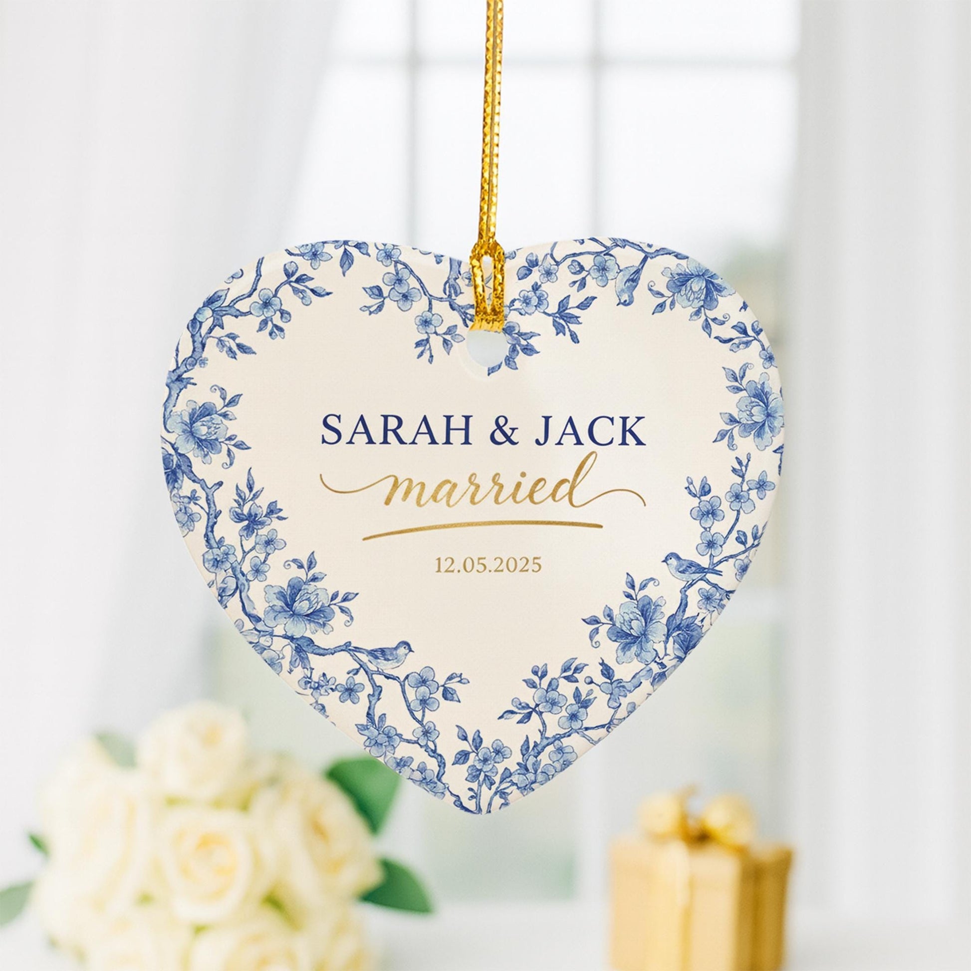 Personalized Heart Ornament — Married Keepsake with Blue Floral Print, Custom Name & Date