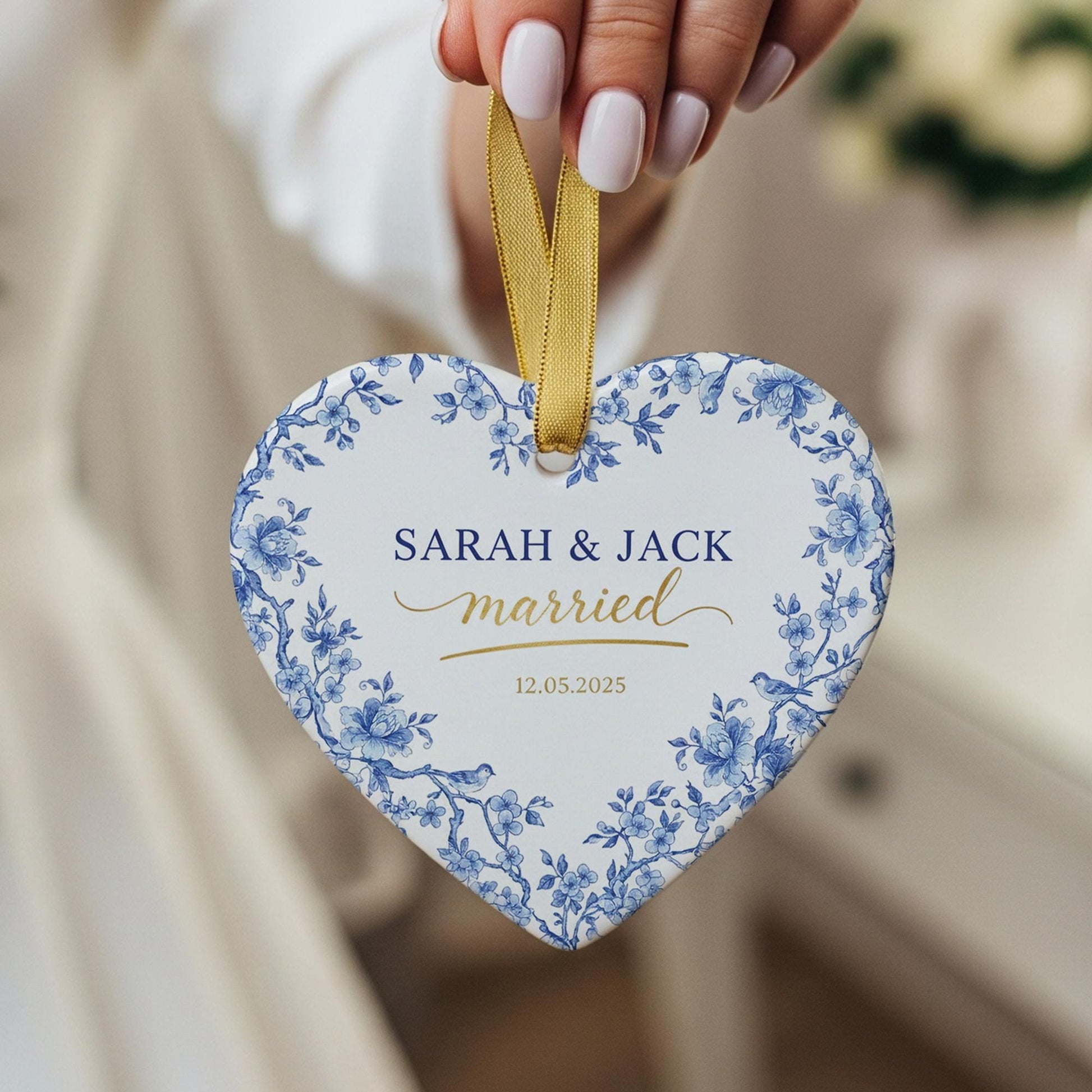 Personalized Heart Ornament — Married Keepsake with Blue Floral Print, Custom Name & Date