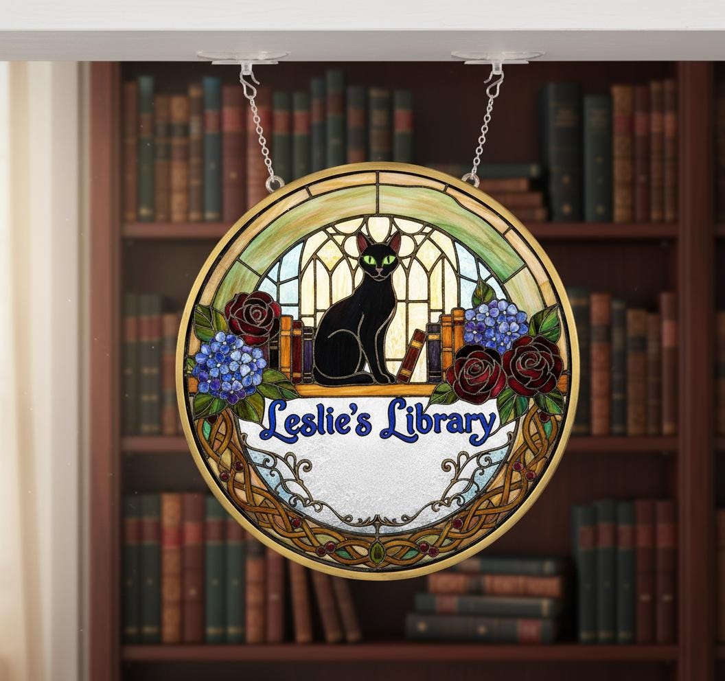 Custom Acrylic Wood Library Sign Personalized Suncatcher Bookshelf Hanging with Cat Design
