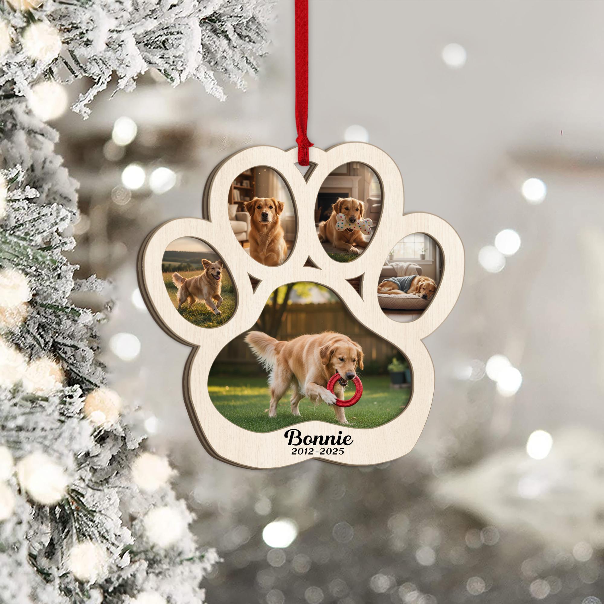 Personalized Pet Memorial Ornament – Custom 2-Layer Wood Paw Print Decoration with Photos and Name