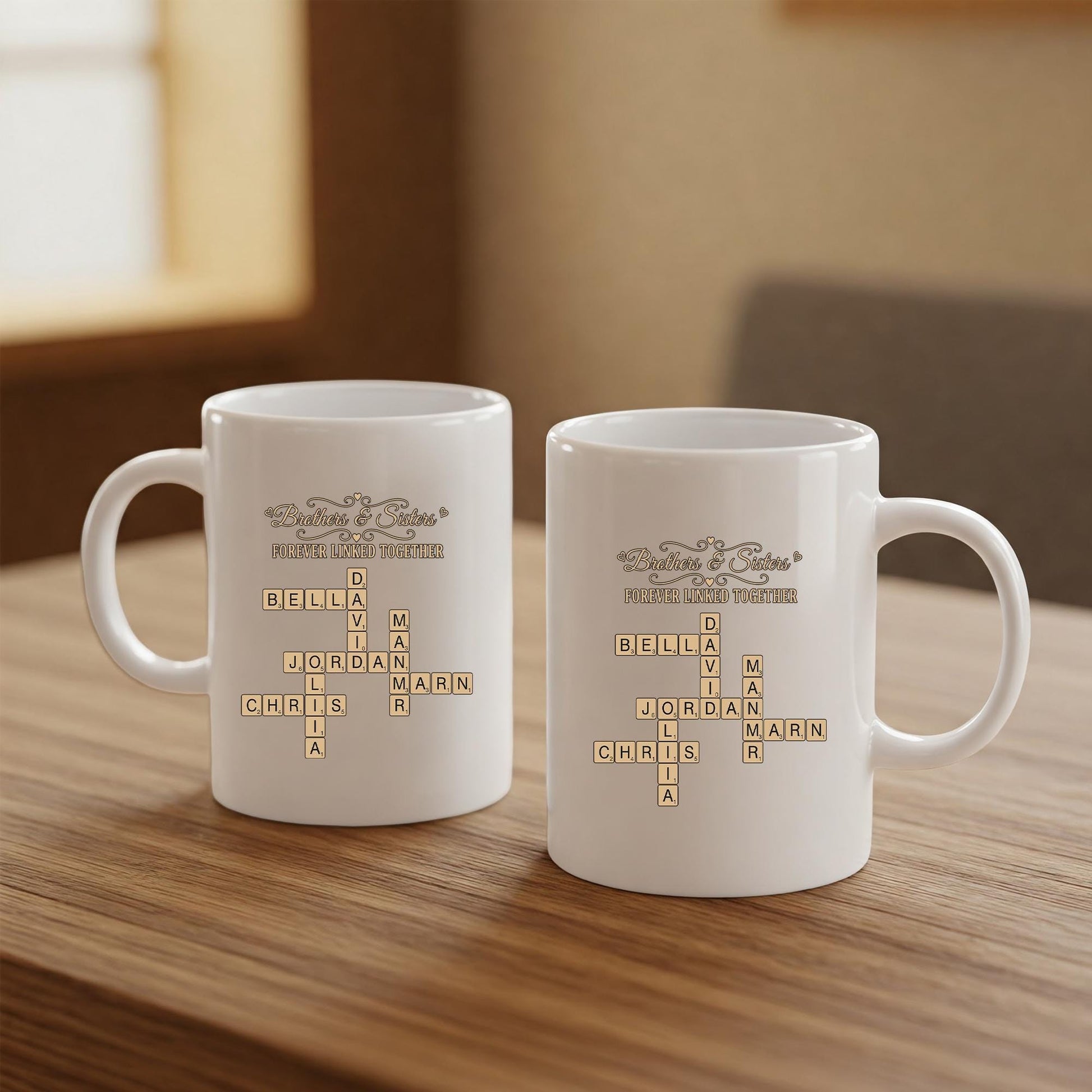 Custom Sibling Name Mug | Brothers and Sisters Crossword Design | Personalized Black Coffee Cup