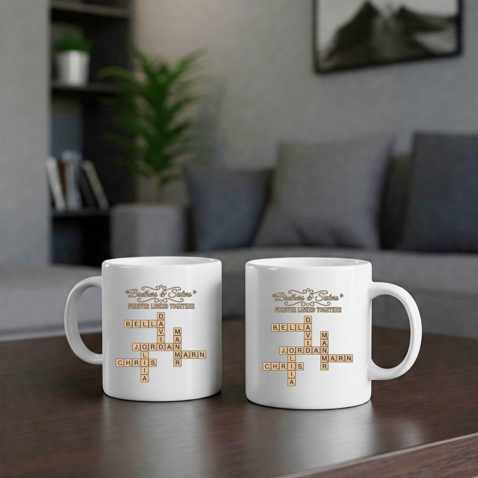 Custom Sibling Name Mug | Brothers and Sisters Crossword Design | Personalized Black Coffee Cup