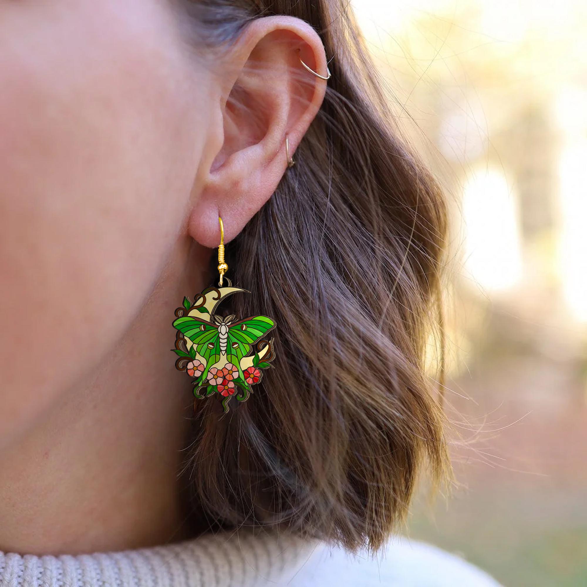 Lunar Moth Earrings | Green Moon Dangle Jewelry | Enamel Hook Accessory