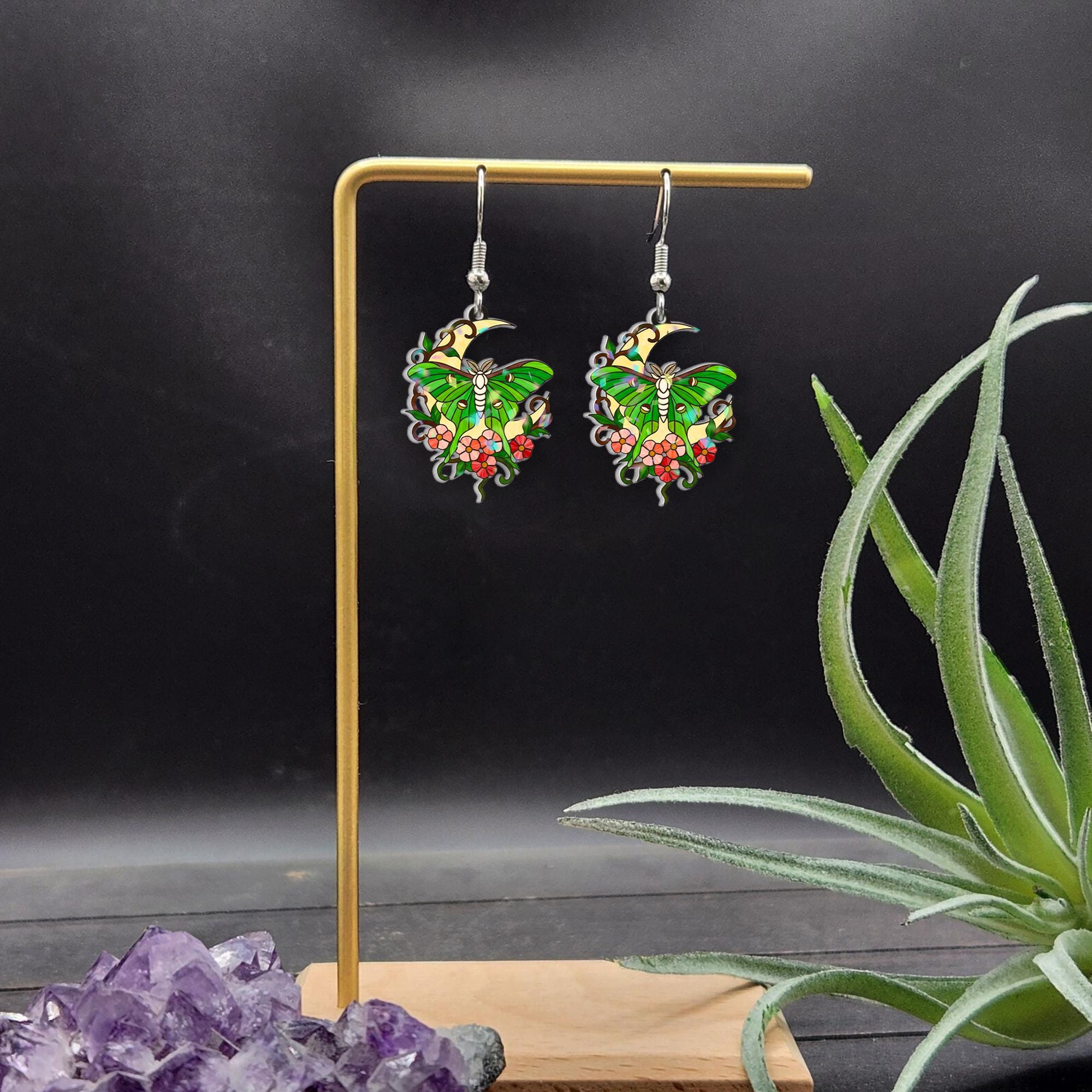 Lunar Moth Earrings | Green Moon Dangle Jewelry | Enamel Hook Accessory