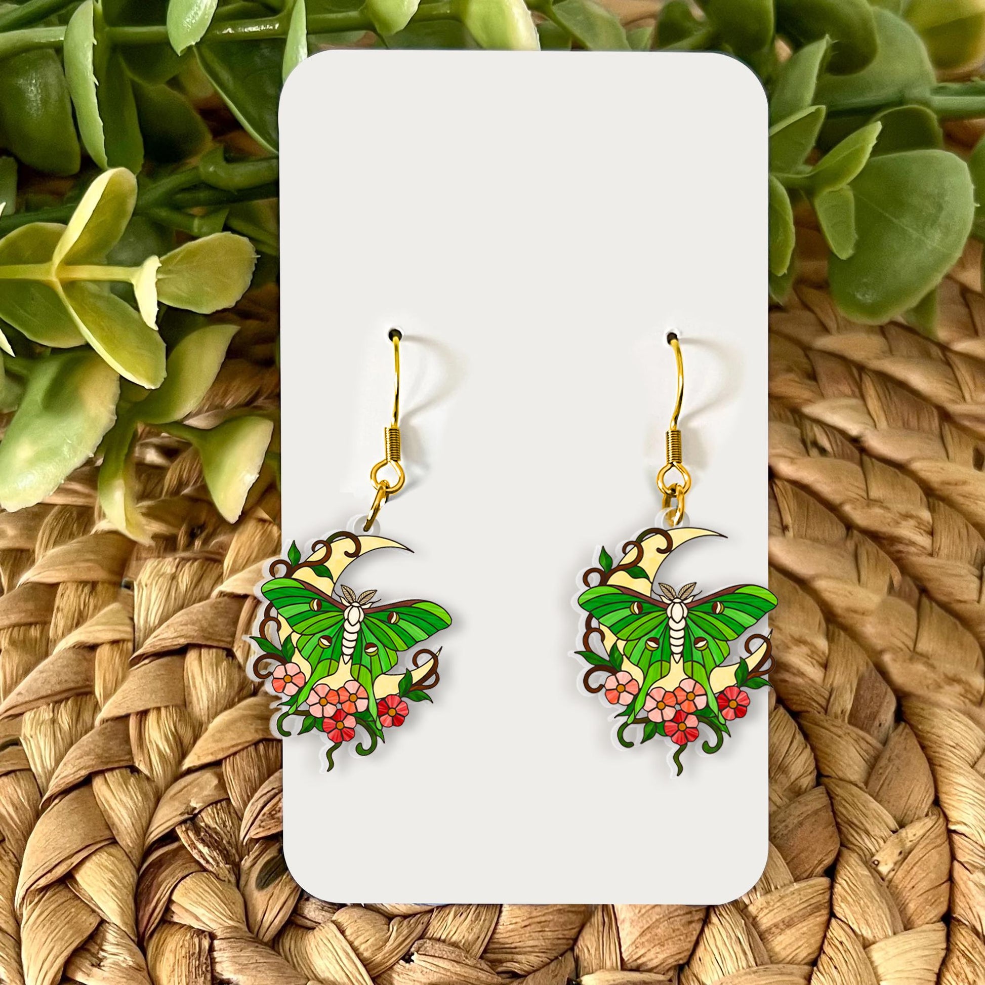 Lunar Moth Earrings | Green Moon Dangle Jewelry | Enamel Hook Accessory