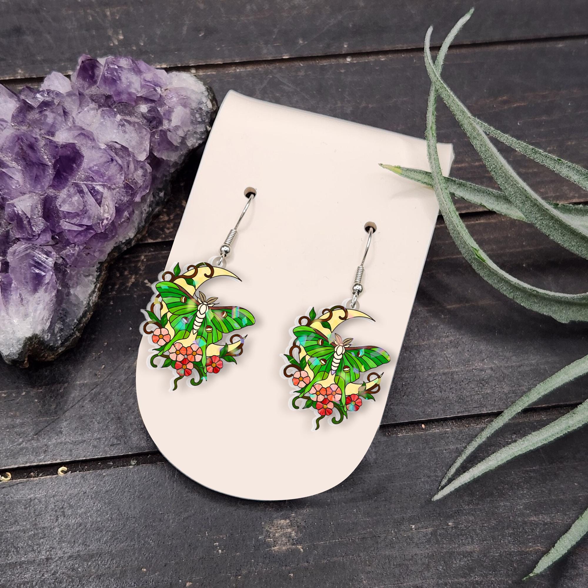 Lunar Moth Earrings | Green Moon Dangle Jewelry | Enamel Hook Accessory