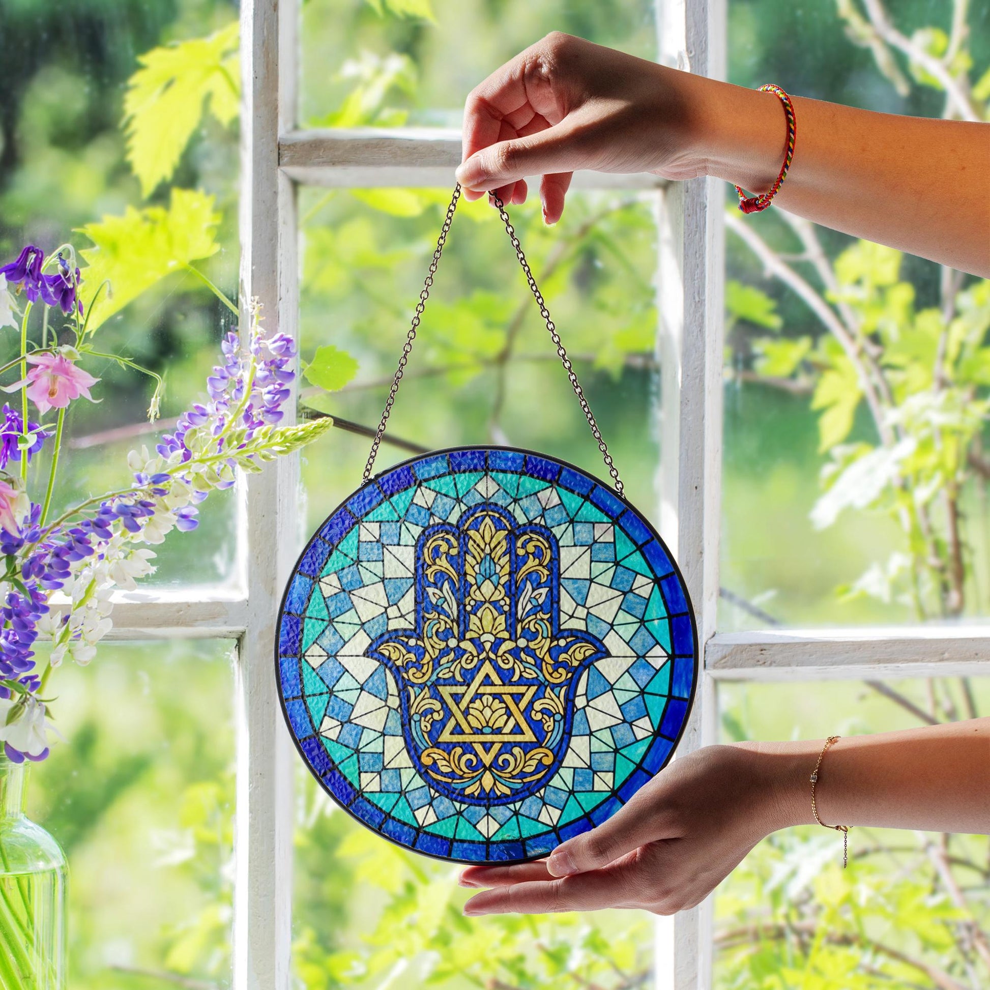 Glass Hamsa Suncatcher – Round Stained Glass Star of David Motif