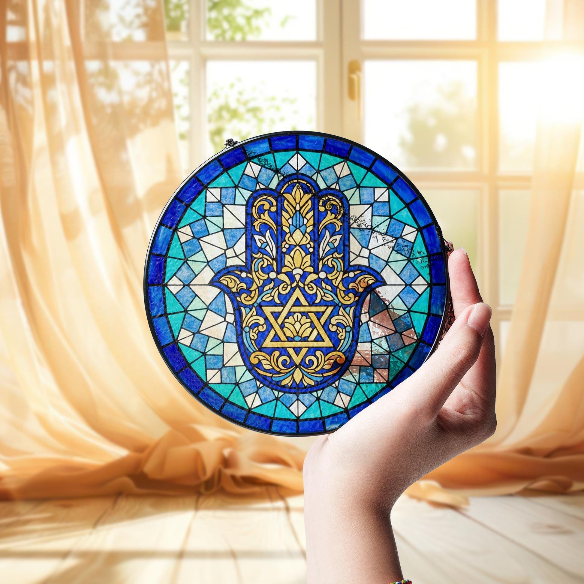 Glass Hamsa Suncatcher – Round Stained Glass Star of David Motif