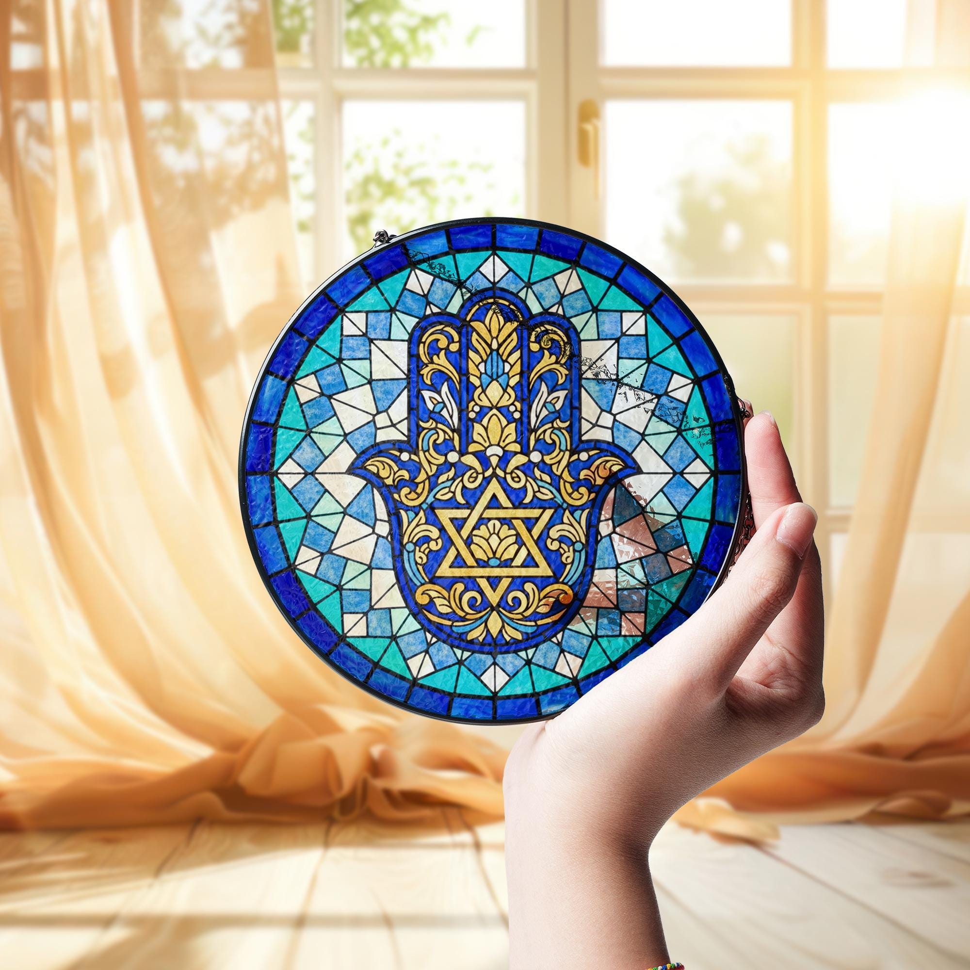 Glass Hamsa Suncatcher – Round Stained Glass Star of David Motif