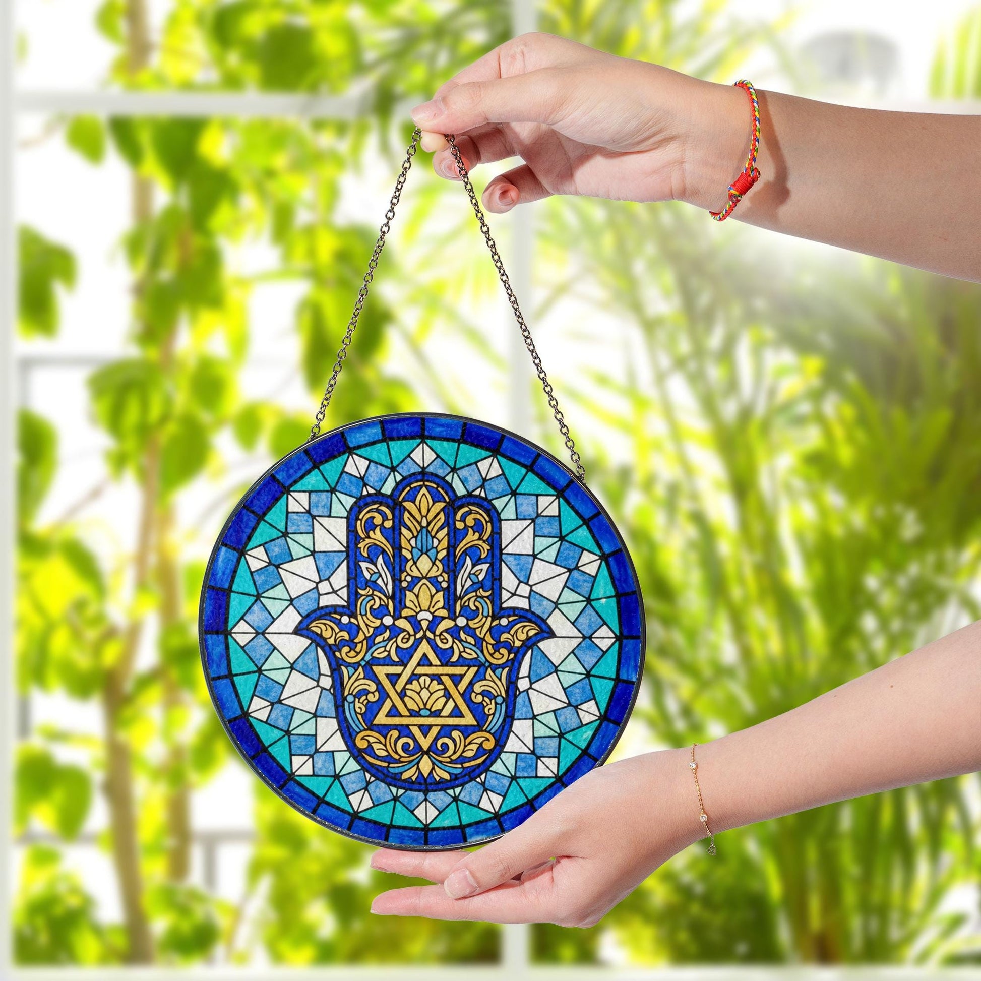 Glass Hamsa Suncatcher – Round Stained Glass Star of David Motif