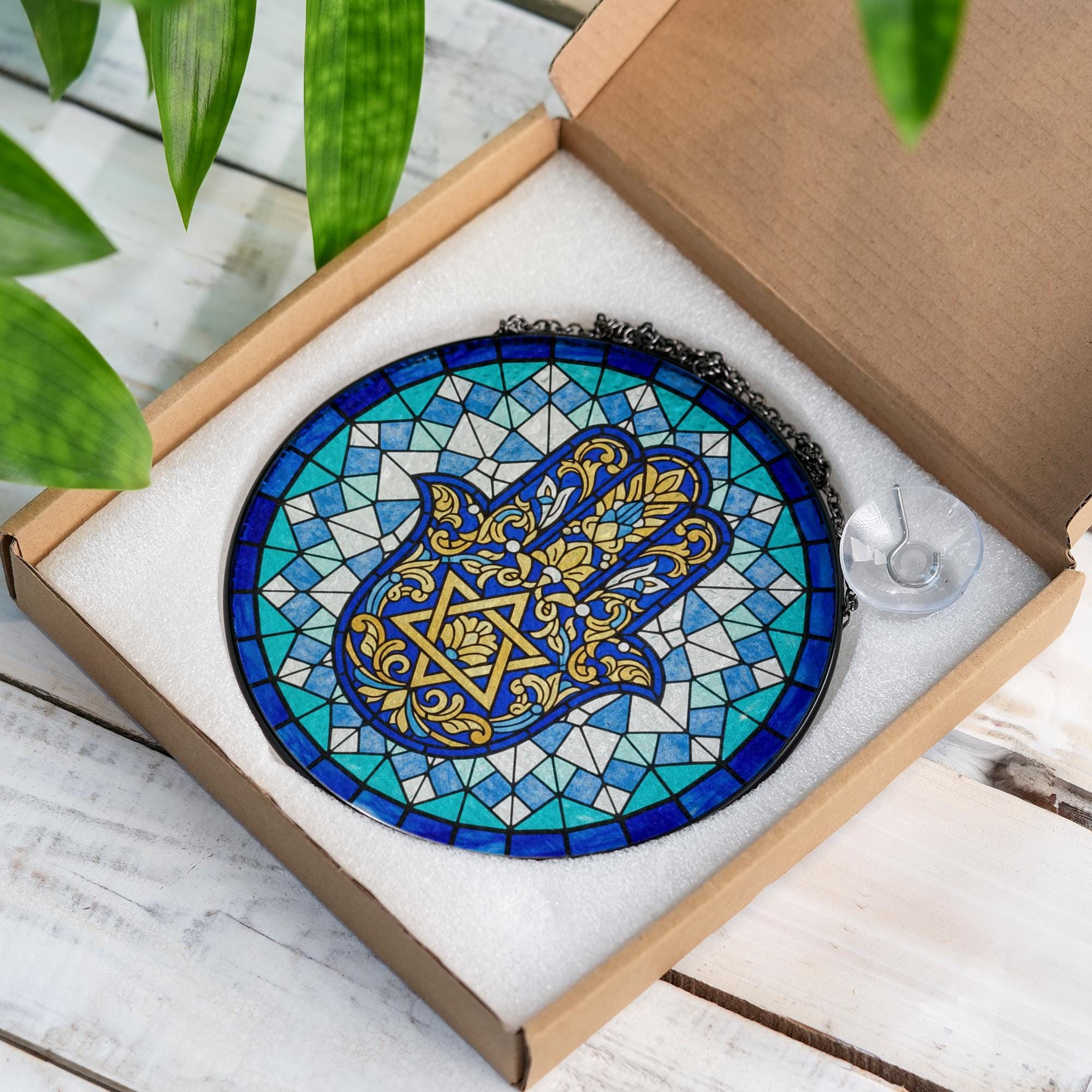 Glass Hamsa Suncatcher – Round Stained Glass Star of David Motif
