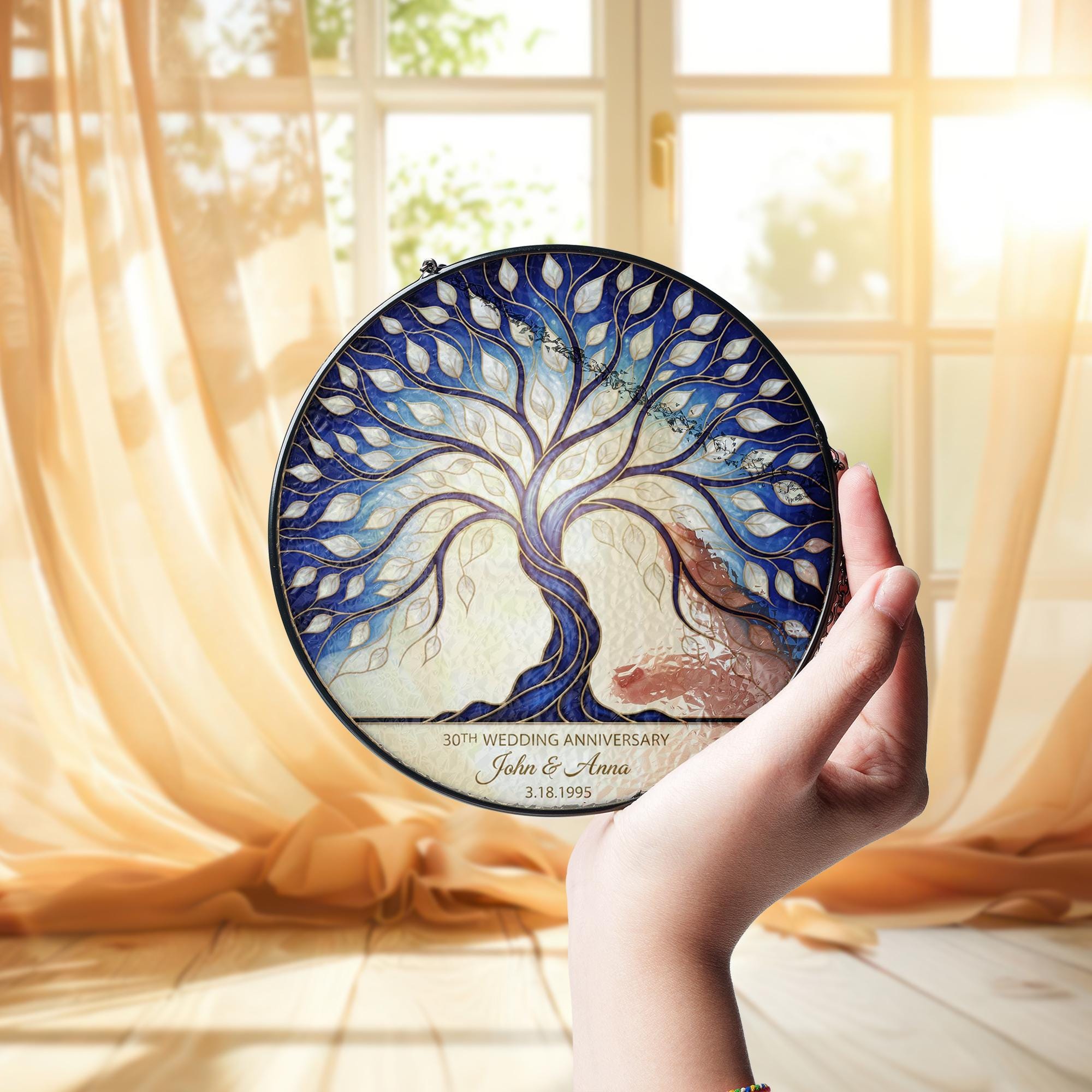 Pearl Anniversary Glass Suncatcher – Personalized 30th Anniversary Tree of Life Window Hanging