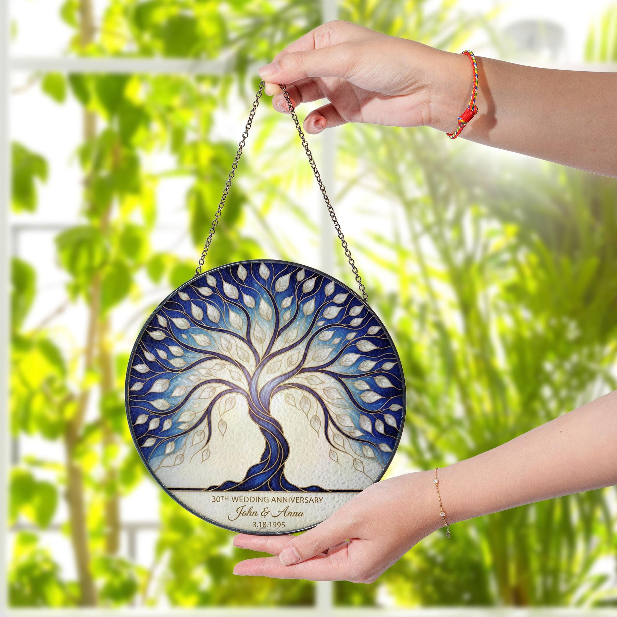 Pearl Anniversary Glass Suncatcher – Personalized 30th Anniversary Tree of Life Window Hanging
