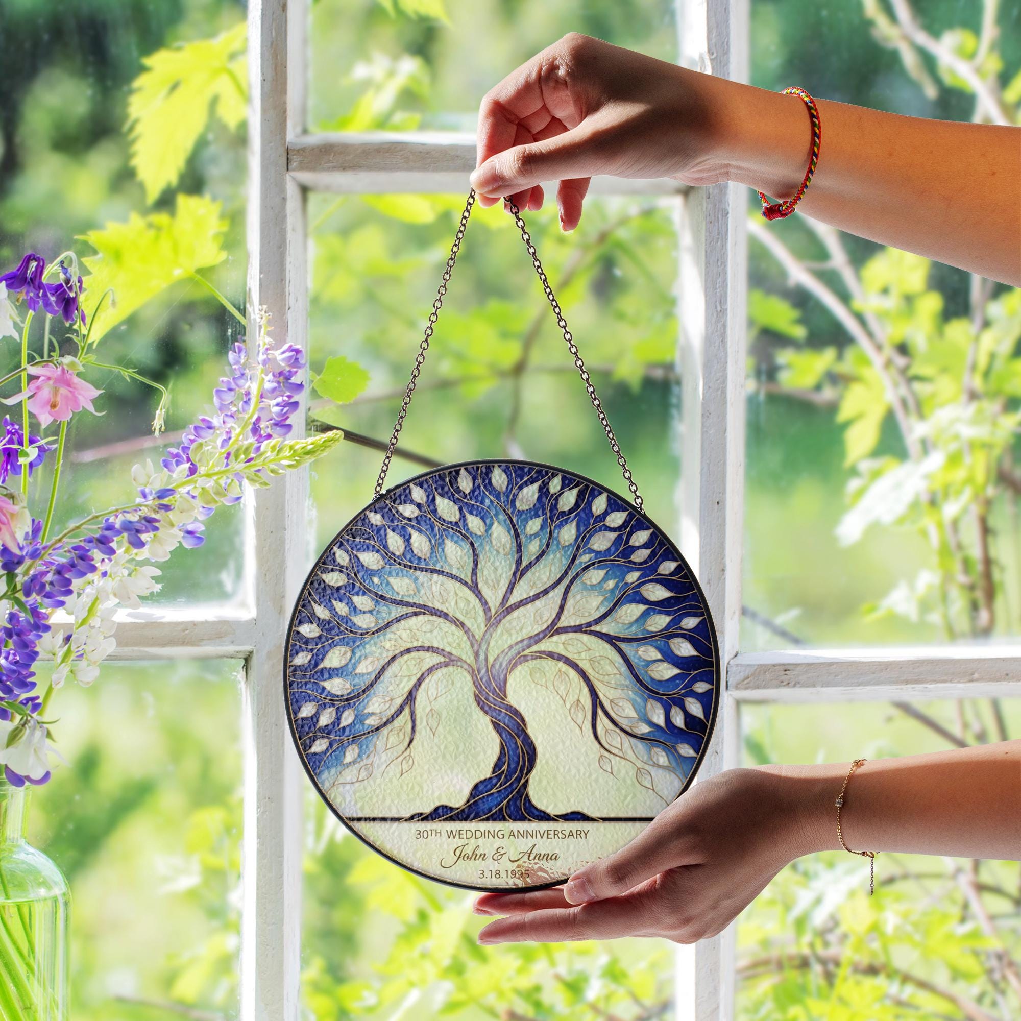Pearl Anniversary Glass Suncatcher – Personalized 30th Anniversary Tree of Life Window Hanging