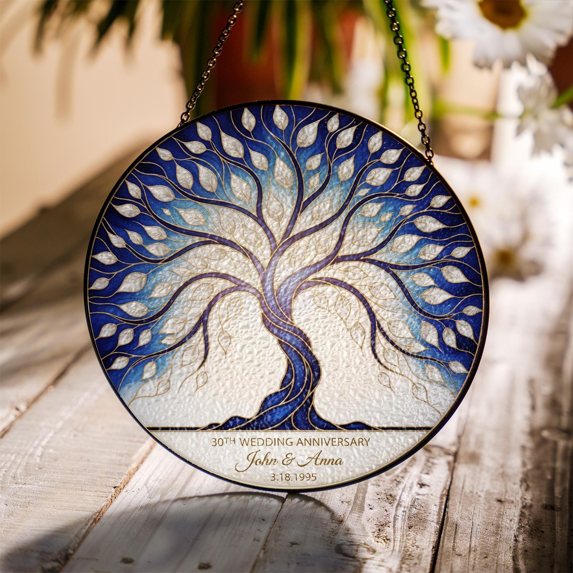 Pearl Anniversary Glass Suncatcher – Personalized 30th Anniversary Tree of Life Window Hanging