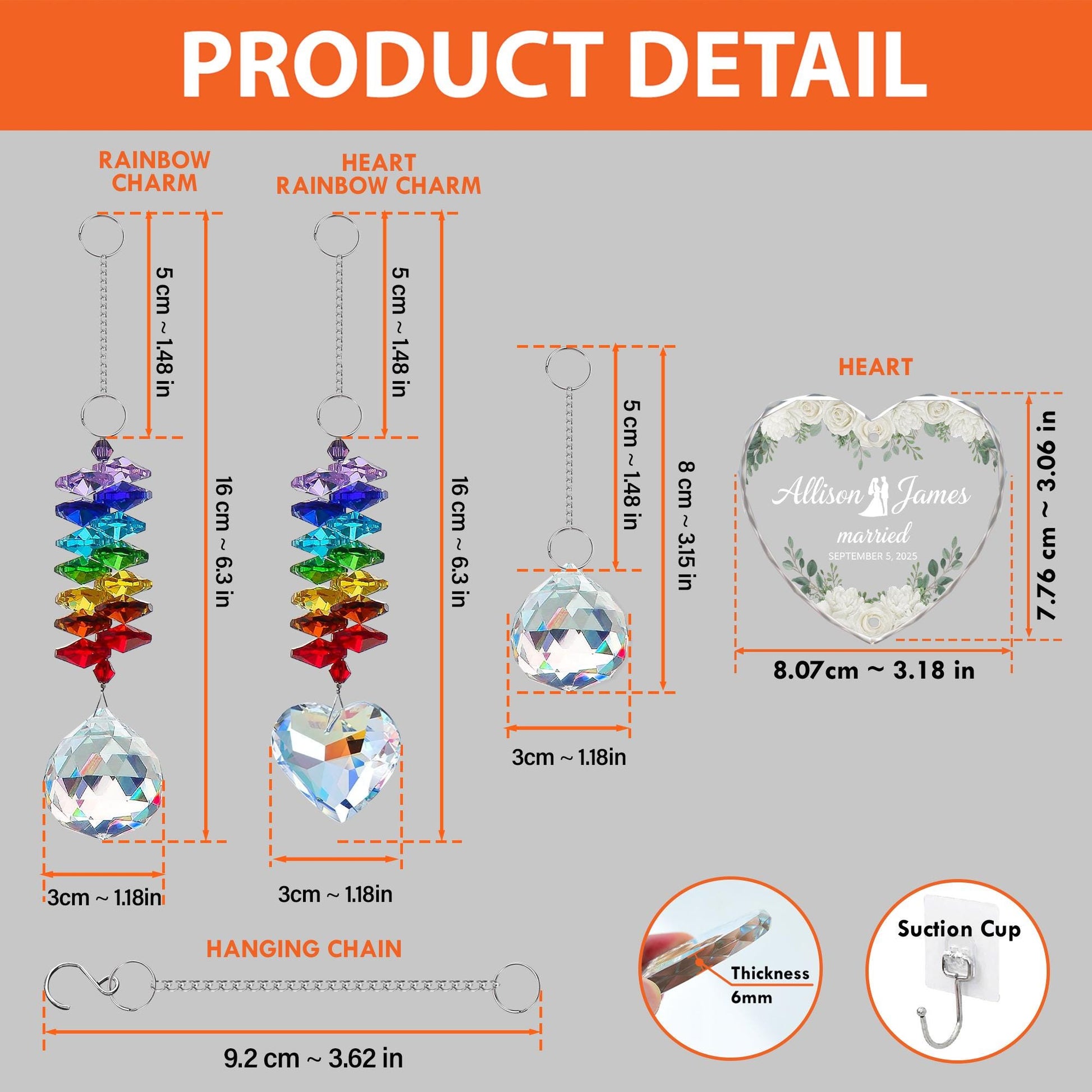 Glass Heart Ornament with Crystal Charm – Personalized Wedding Date & Names