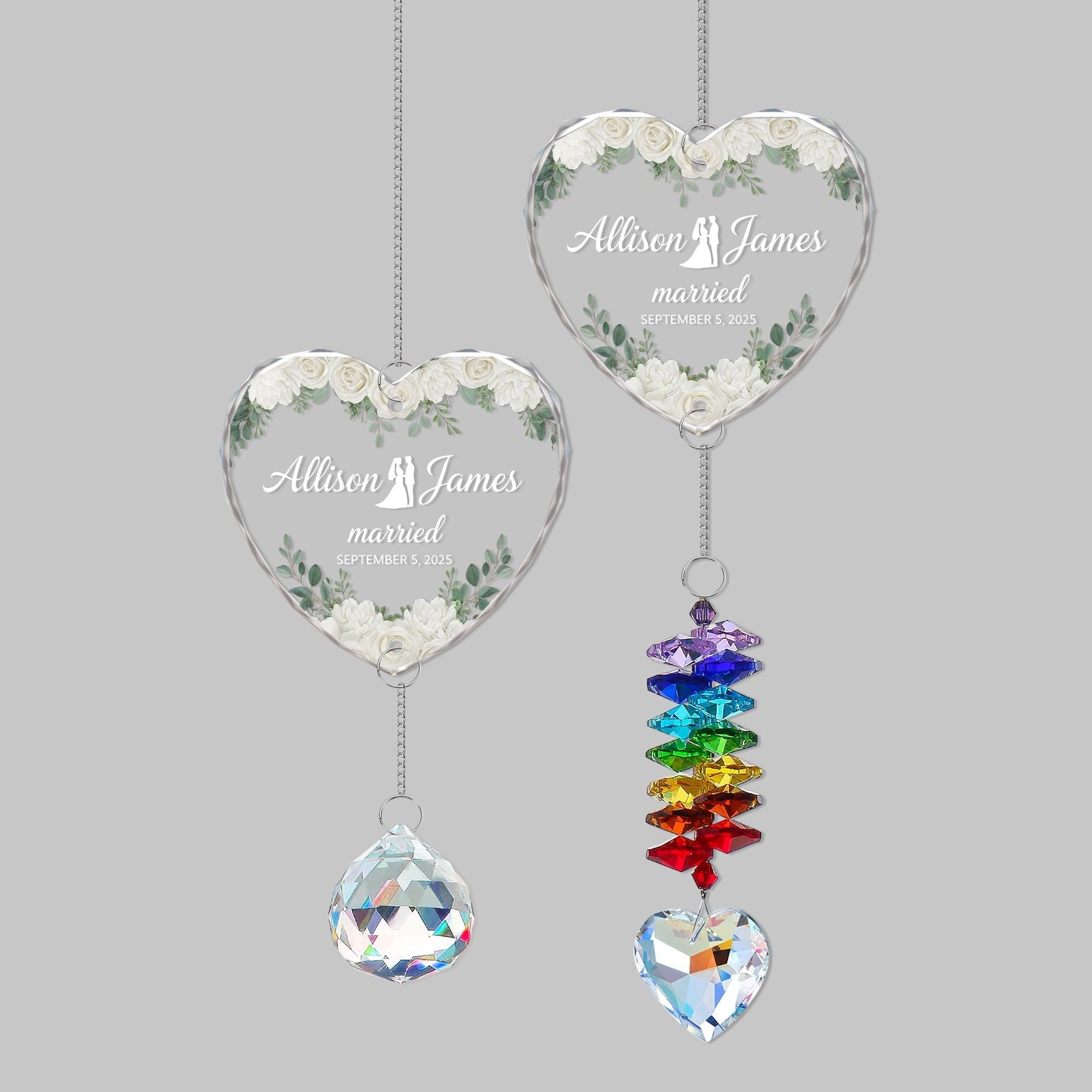 Glass Heart Ornament with Crystal Charm – Personalized Wedding Date & Names