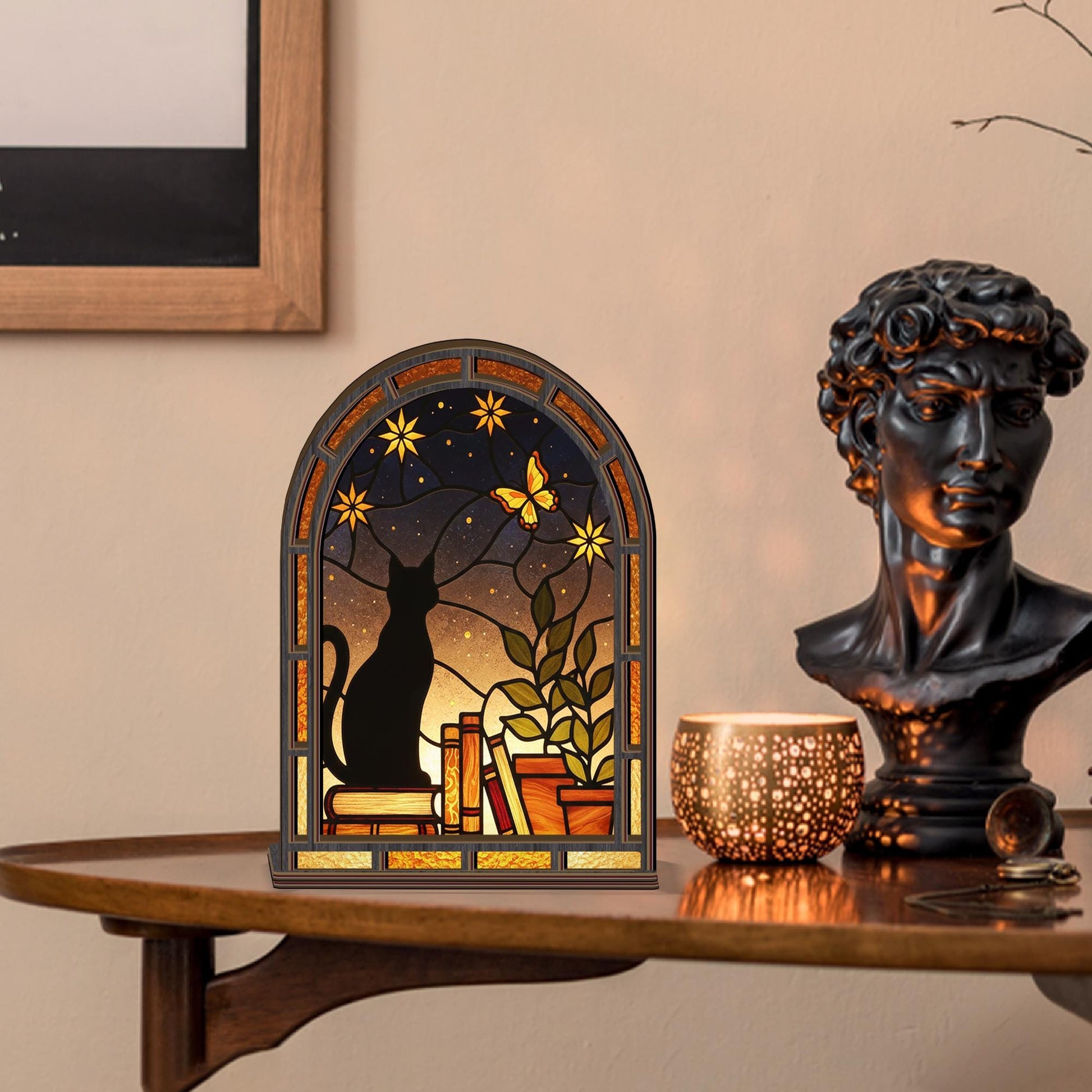 Stained Glass Style Cat Candle Holder: Night Sky Wooden Decoration