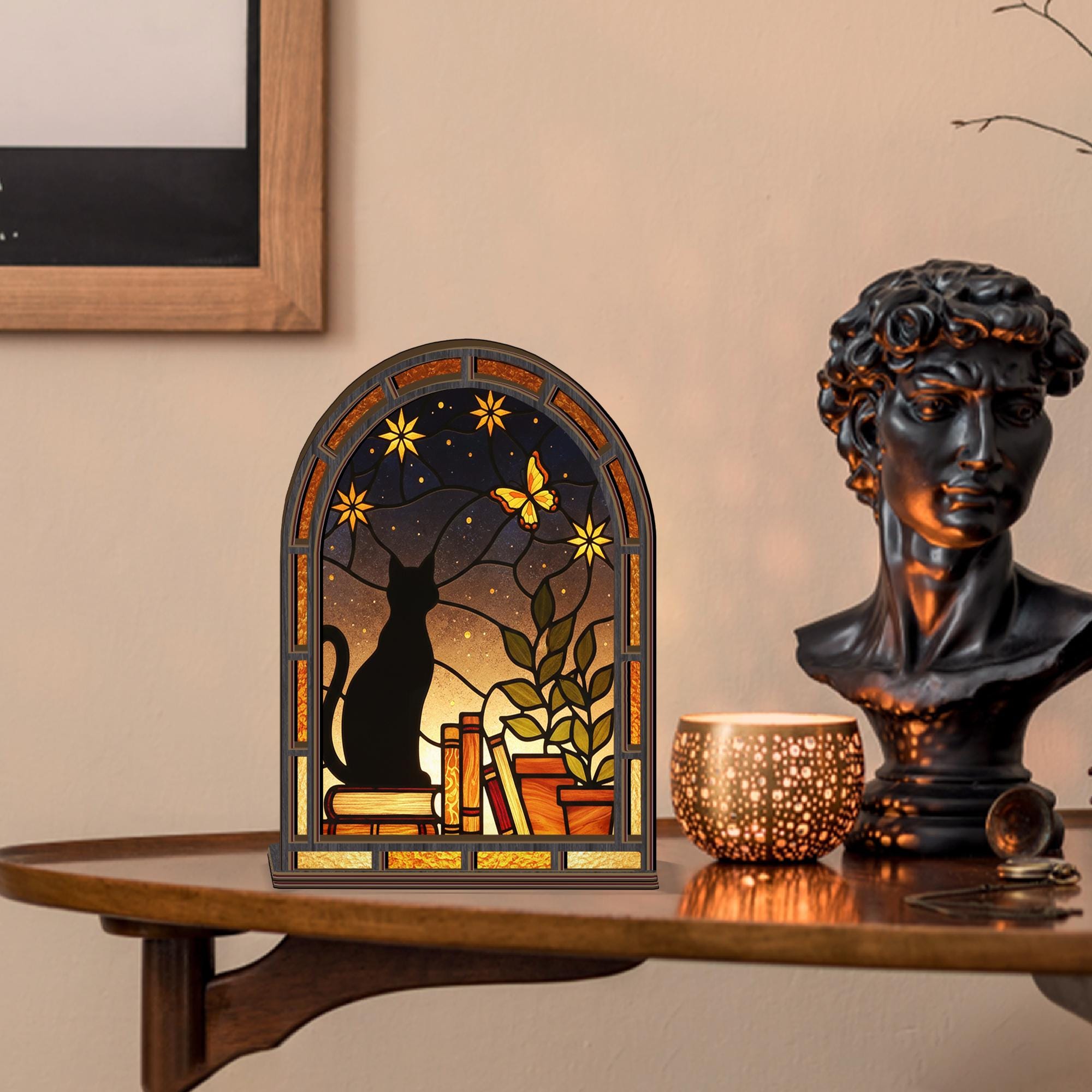 Stained Glass Style Cat Candle Holder: Night Sky Wooden Decoration