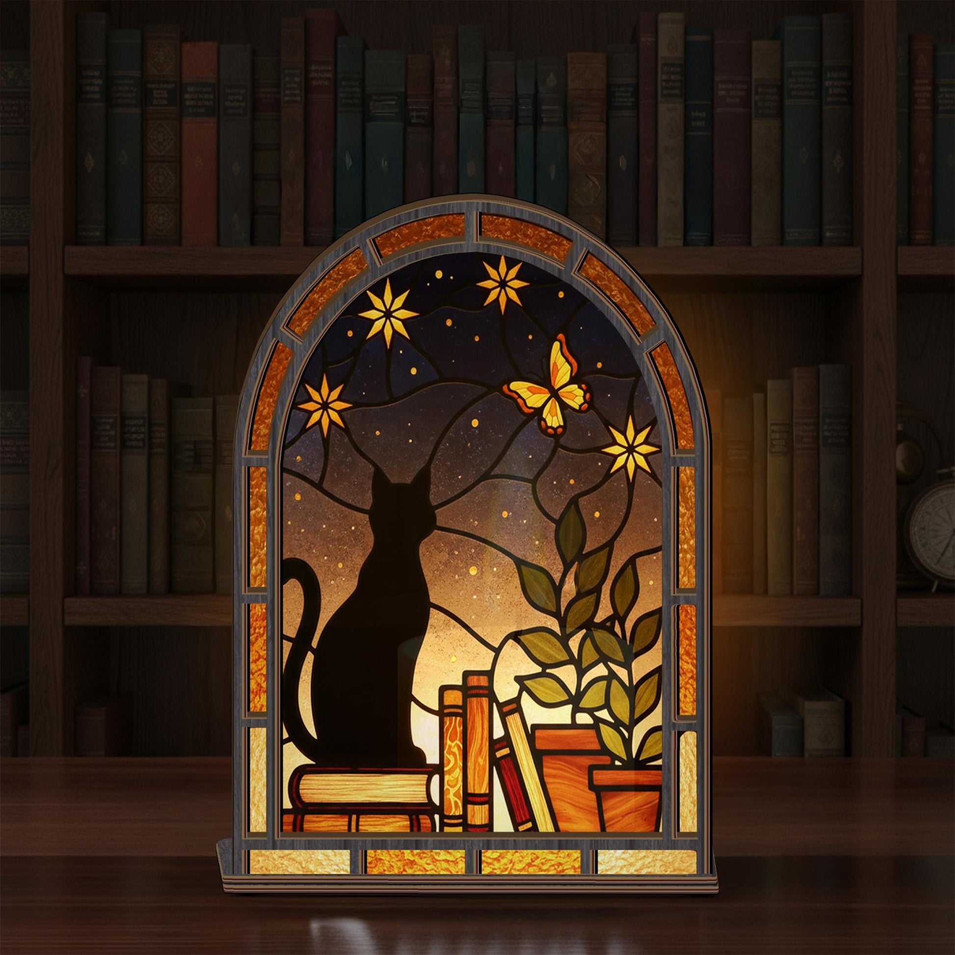 Stained Glass Style Cat Candle Holder: Night Sky Wooden Decoration