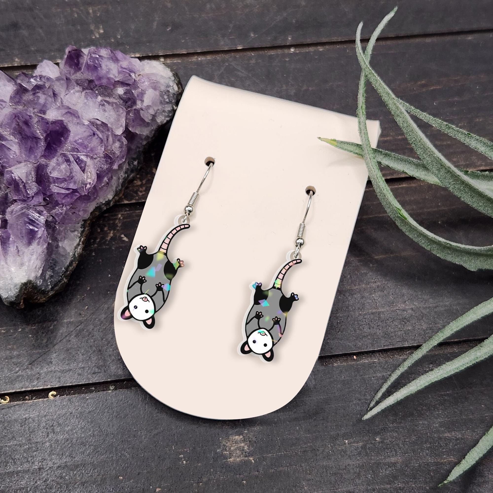 Holographic Opossum Dangle Earrings: Animal Jewelry