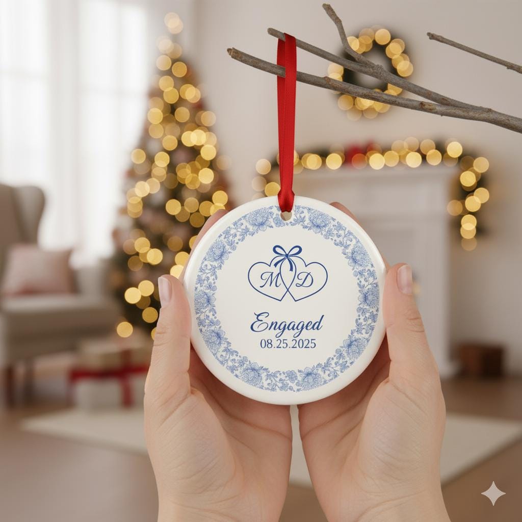 Personalized Engagement Ornament – Ceramic Couple Gift with Date
