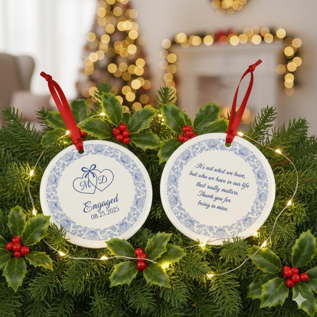 Personalized Engagement Ornament – Ceramic Couple Gift with Date