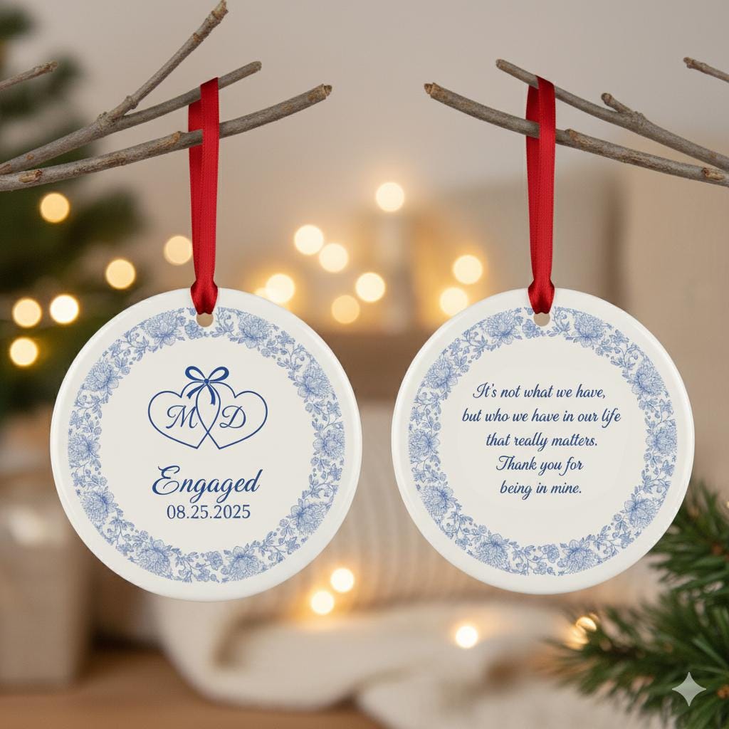 Personalized Engagement Ornament – Ceramic Couple Gift with Date
