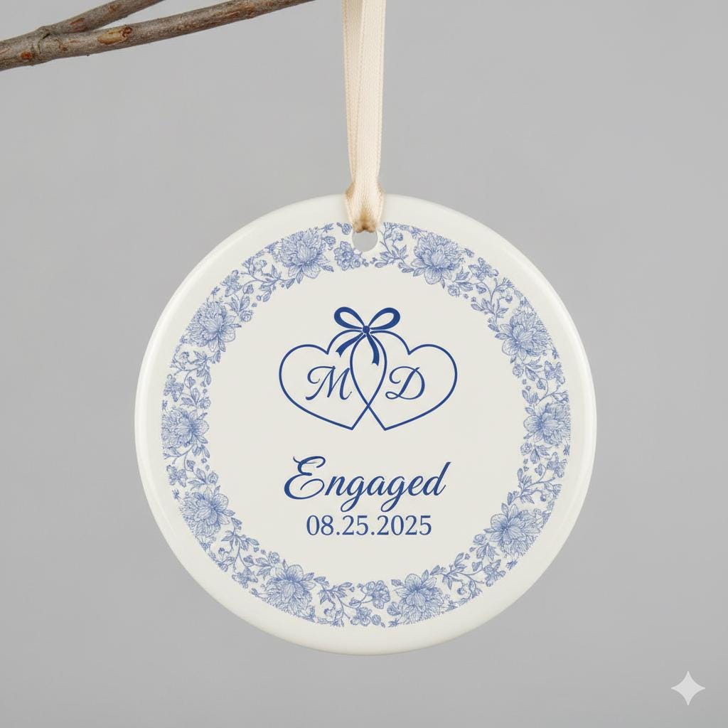 Personalized Engagement Ornament – Ceramic Couple Gift with Date