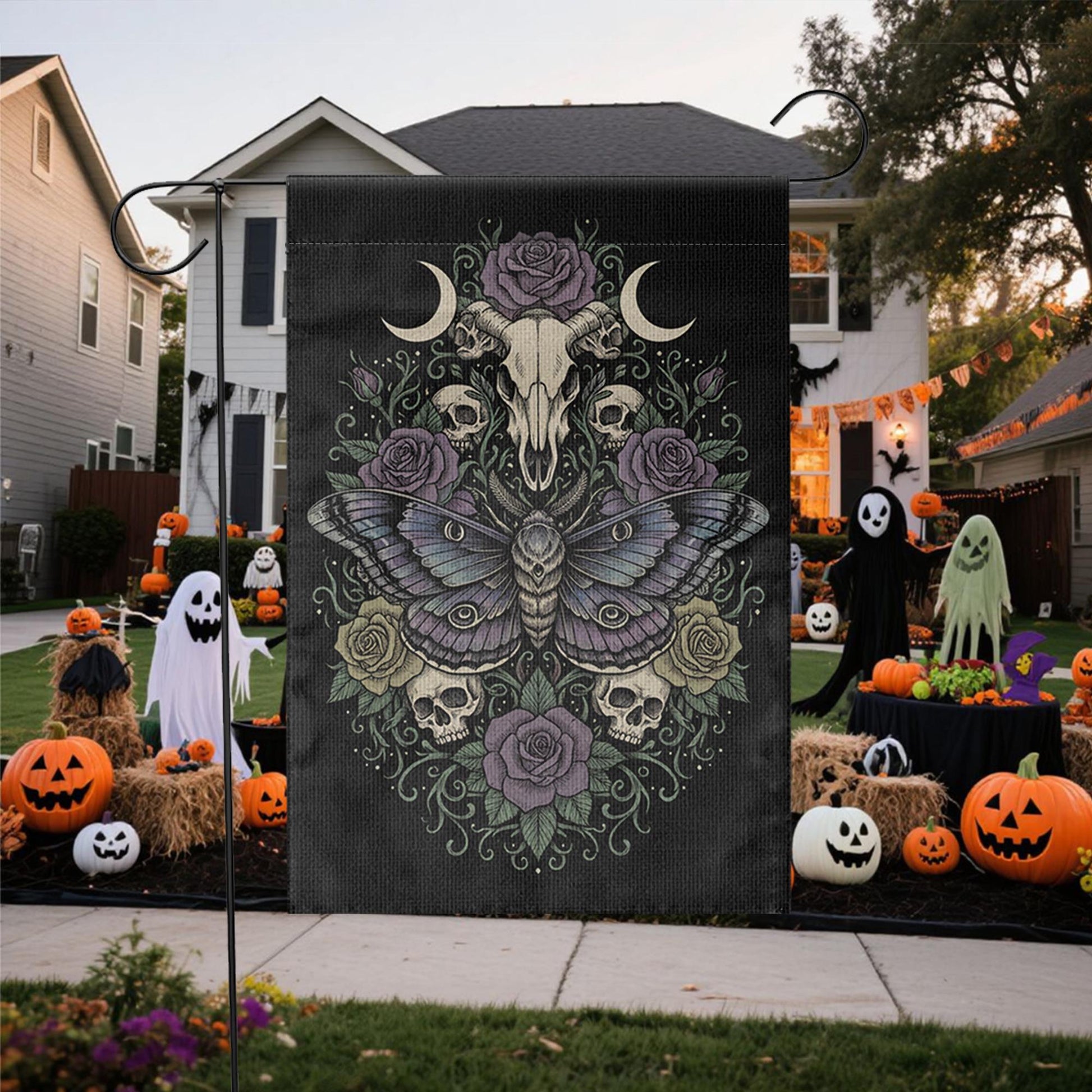 Skull Moth Garden Flag: Gothic Witchy Outdoor Decor
