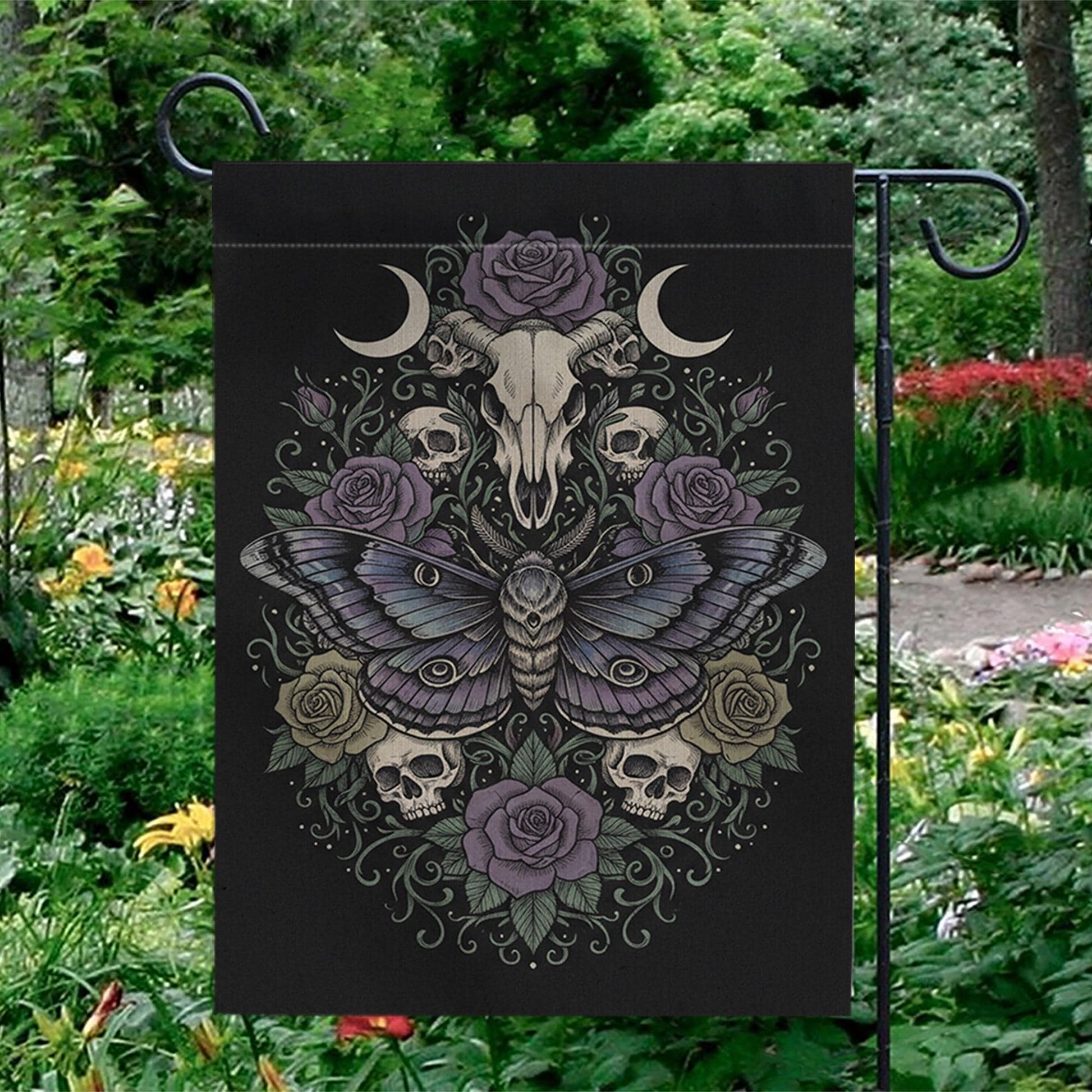 Skull Moth Garden Flag: Gothic Witchy Outdoor Decor