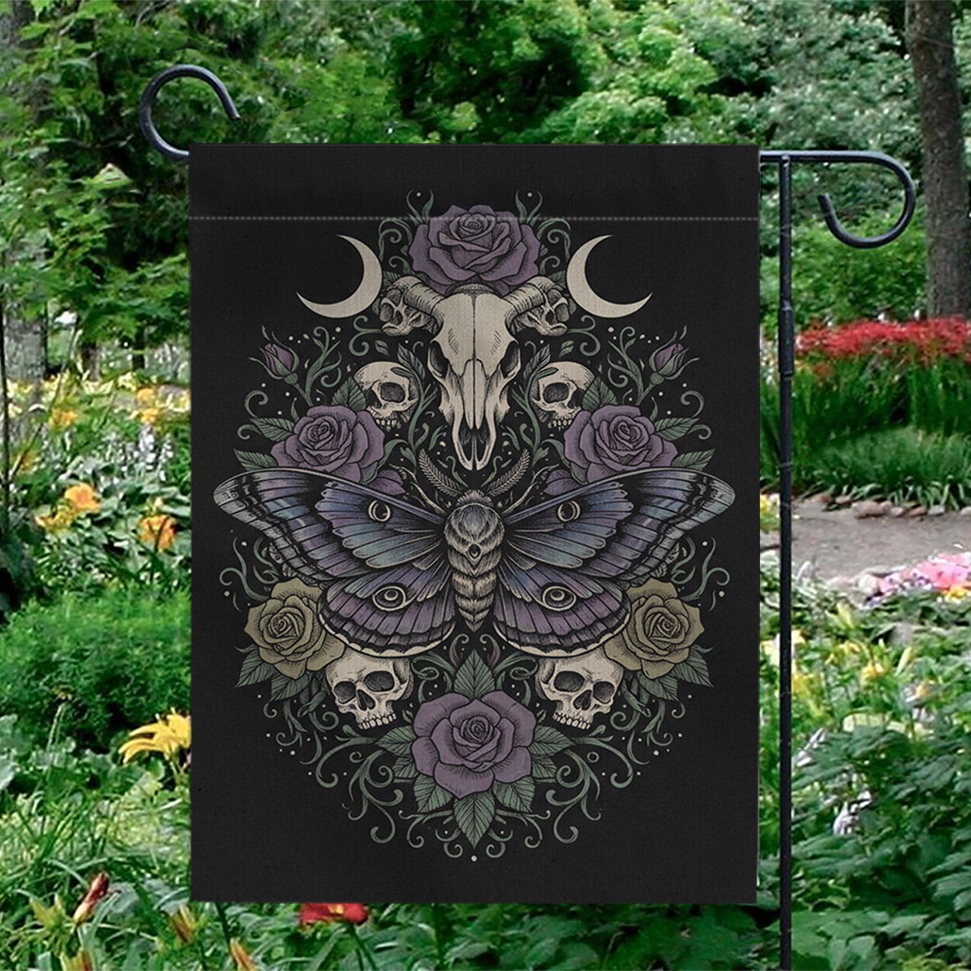 Skull Moth Garden Flag: Gothic Witchy Outdoor Decor