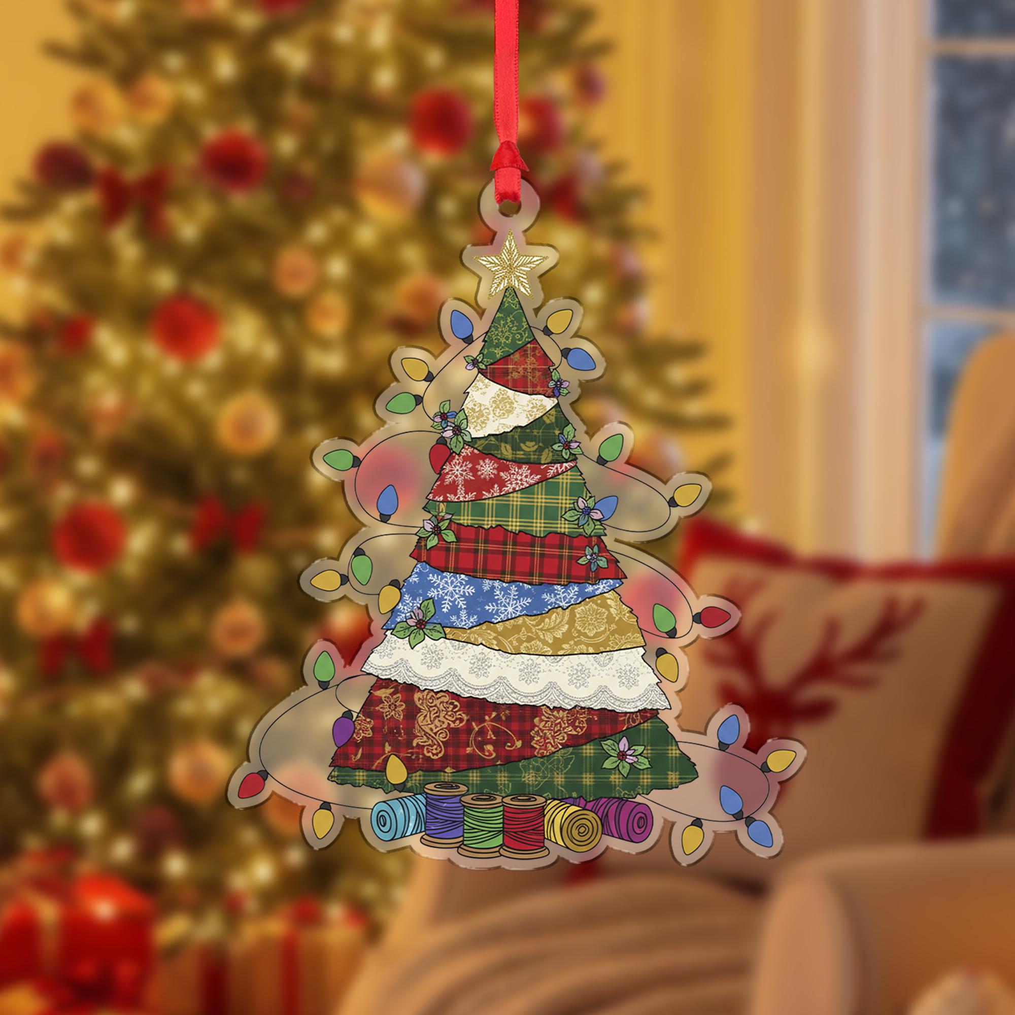 Patchwork Christmas Tree Ornament – Sewing Theme Holiday Decoration – Quilter Gift with Fabric Style