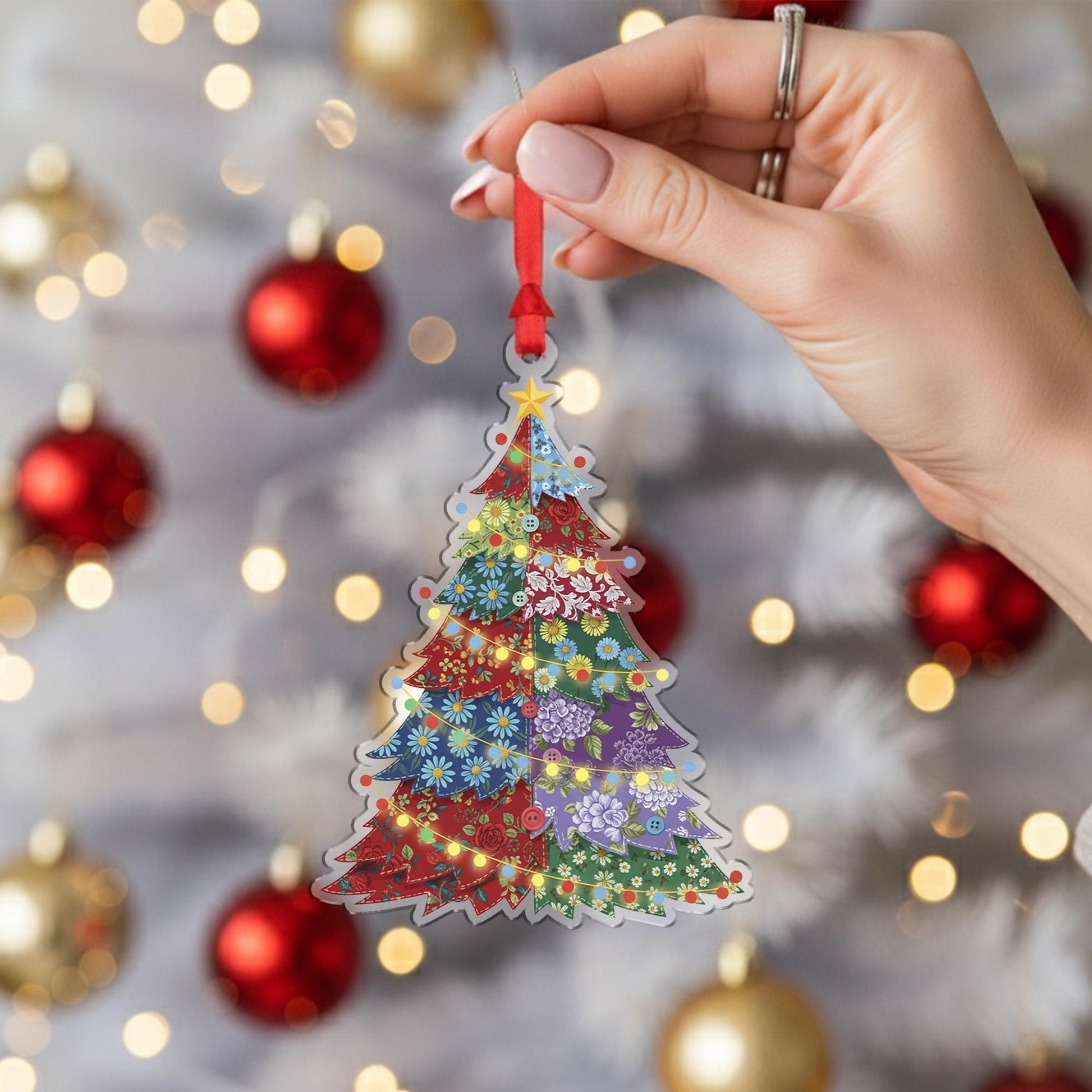 Patchwork Christmas Tree Ornament – Sewing Theme Holiday Decoration – Quilter Gift with Fabric Style
