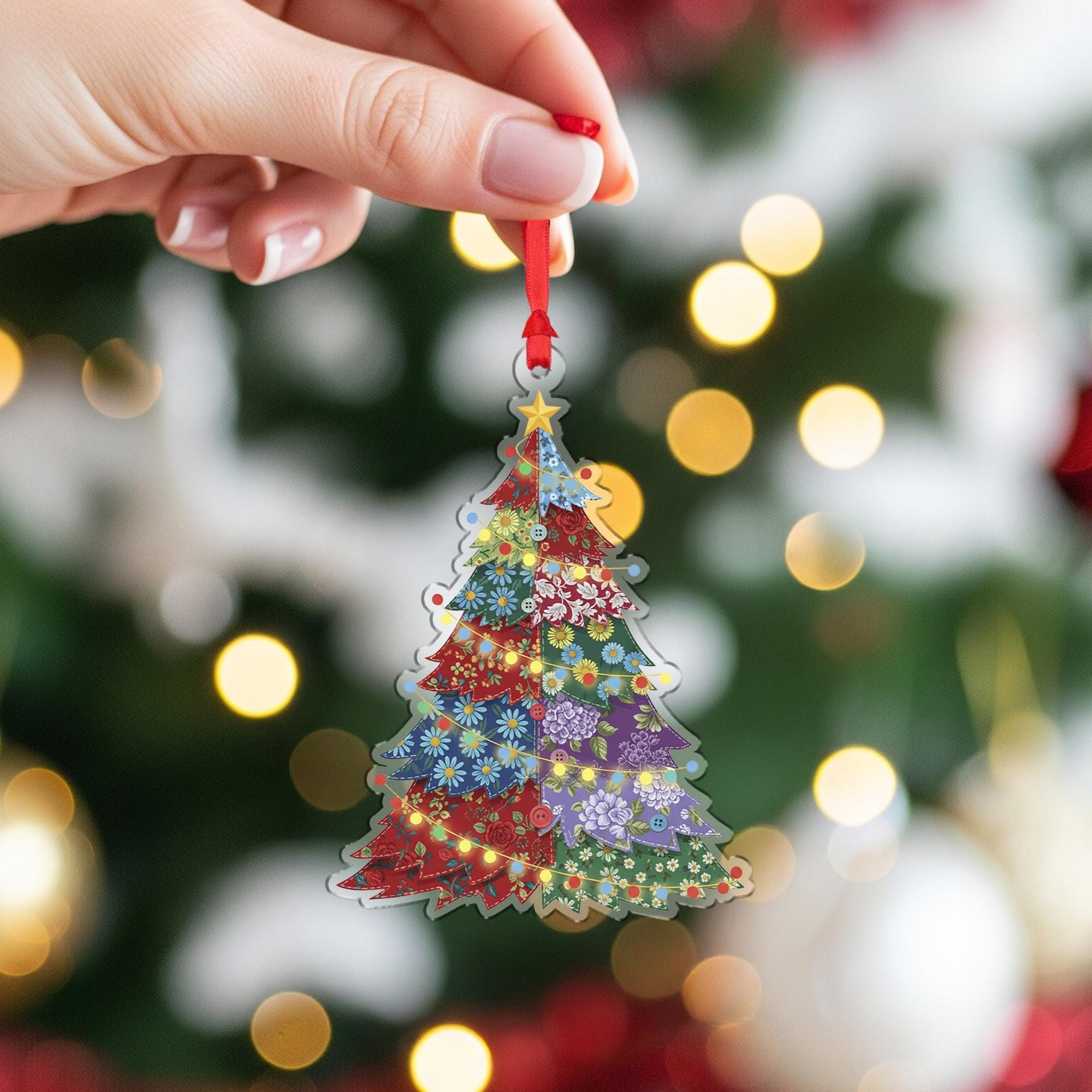 Patchwork Christmas Tree Ornament – Sewing Theme Holiday Decoration – Quilter Gift with Fabric Style