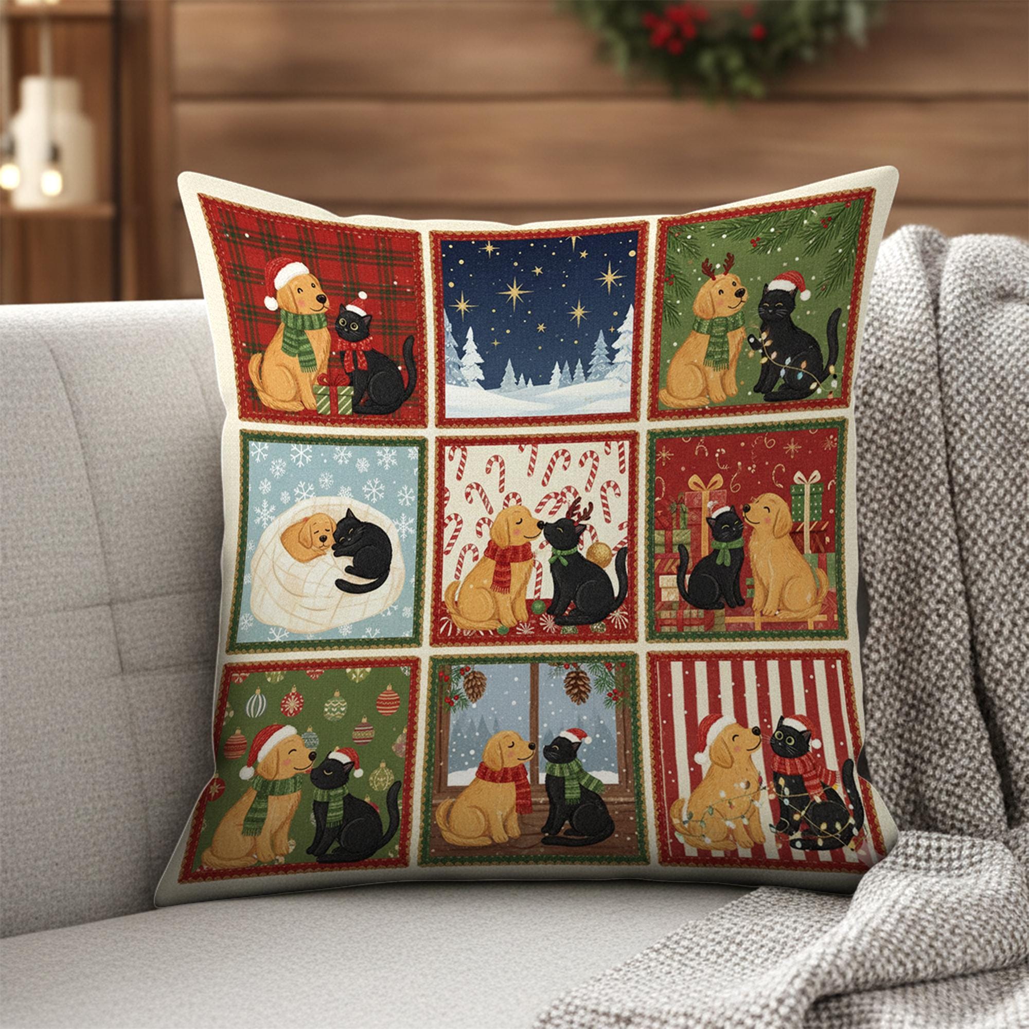 Christmas Dog Cat Pillow – Festive Winter Throw Pillow Decor