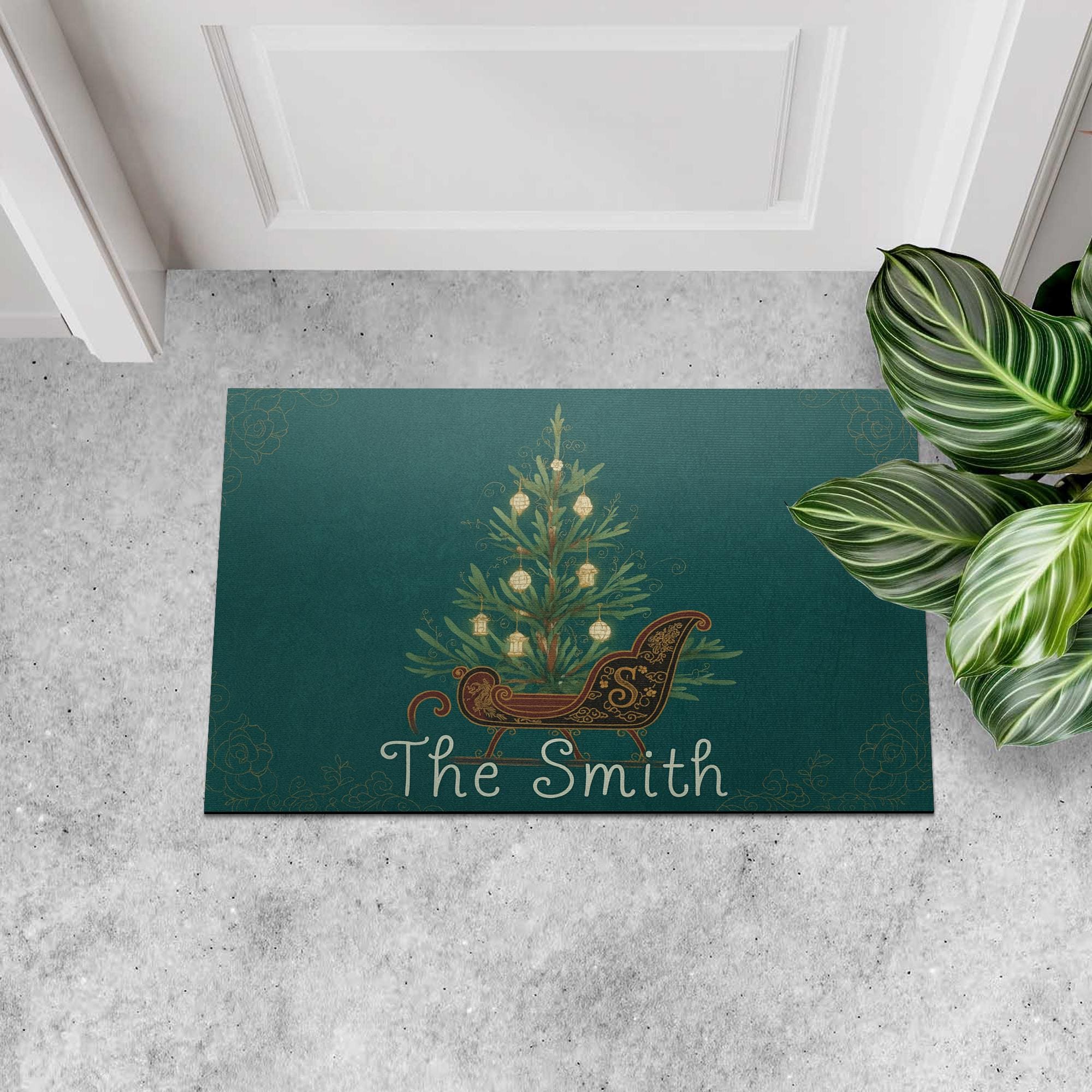 Personalized Christmas Doormat – Holiday Entry Rug with Family Name