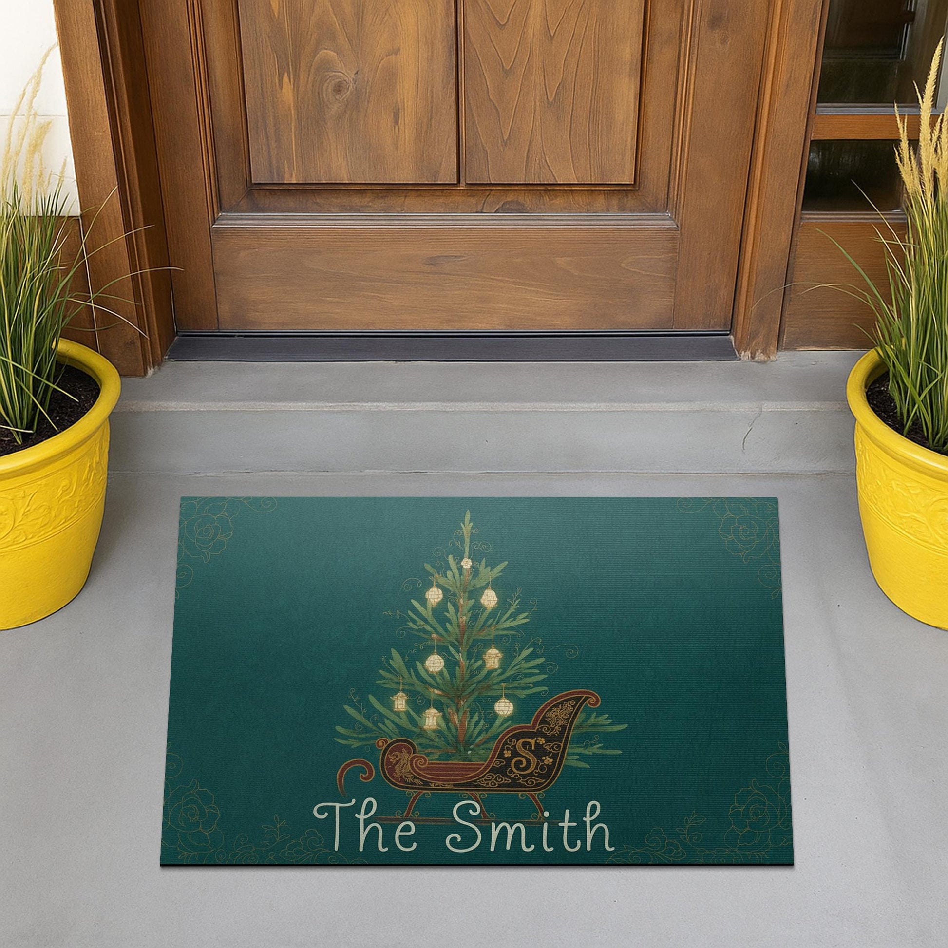 Personalized Christmas Doormat – Holiday Entry Rug with Family Name